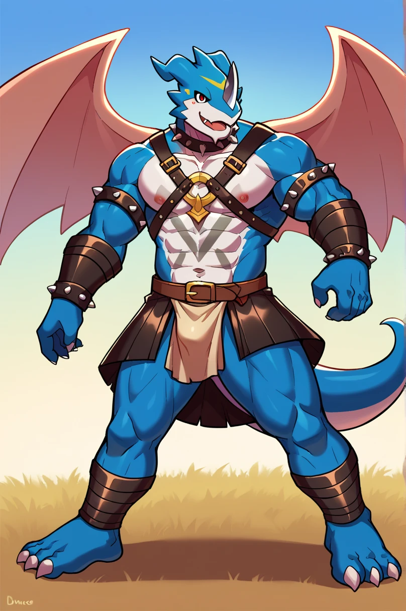 (perfect, masterpiece, best, perfect anatomy, perfect eyes) generate a male dragon with a anthropomorphic shape. He has blue eyes, scales are red, leathery wings, dragon tail, jacked build, muscular arms and legs, toned pecs, six pack. He is wearing knight armor.