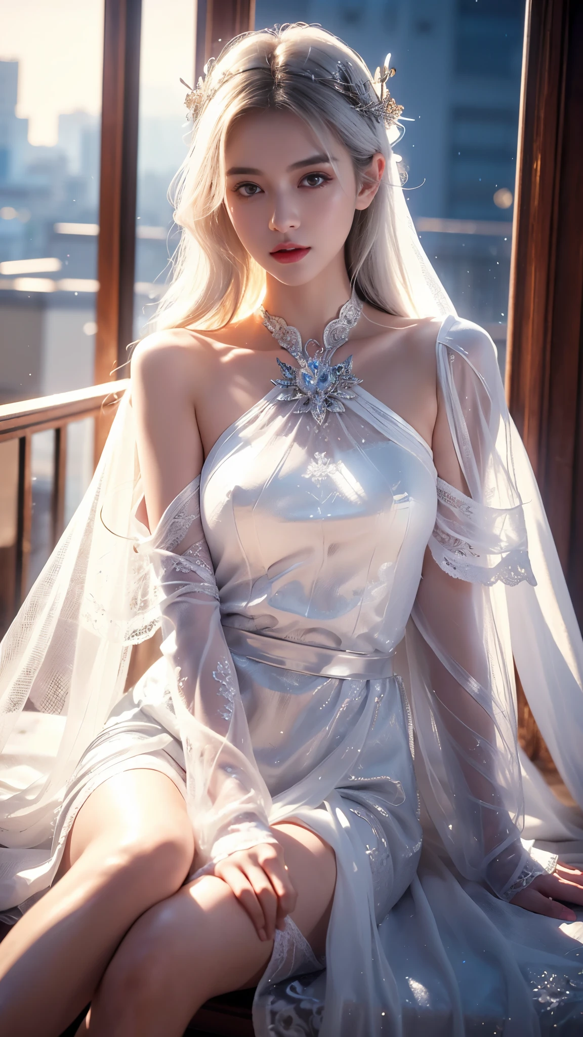 ((Chest photo))((masterpiece:1.5、8K、image、Realistic and detailed CG、Very detailed、Particle Effects、dynamic effect、Written border depth、Movie Lighting、lens flare、Ray Tracing、On the table、Practical:1.4、Ultra-high resolution:1.2、Practical、Practical))((Solitary、,Woman in turtleneck dress:1.4、Model-like pose:、Side Breast、((Full breasts:1.5))、Delicate face、Bright expression、young, more luminous, Whiter skin、best look、Extreme beauty、White hair shines:1.8、Beautiful shiny hair,、Extra long, Silky straight hair、Hair blowing in the wind))(Fantasy transparent flowers々quilt...enclose、White background、Great background、Thin petals falling)