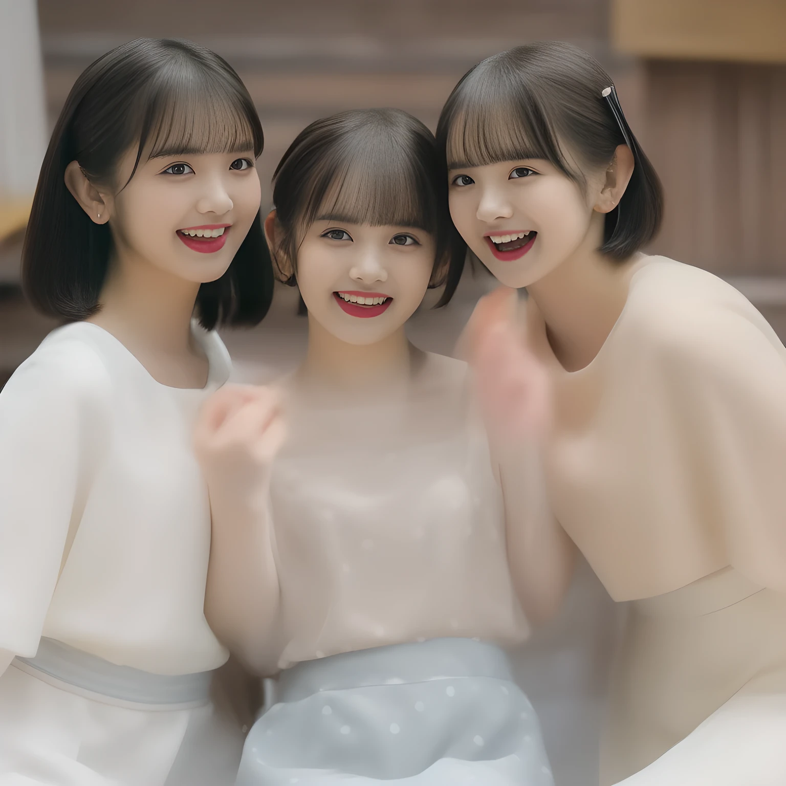 (highest quality, masterpiece, high resolution:1.2), 4K, (Photo quality clearly detailed foreground: 1.8), geometry, (Too beautiful cute noble Japanese  fashion models are introducing feminine fashion trends (in a young women's popular fashion magazine). Three neat & clean (too beautiful) ladies. (Small ((well-groomed face)) with feminine intelligence). Some of cute noble Japanese photo model are looking at the thing just in front of them with her too beautiful amazed eyes: 1.6), (Neat (very noble and very expensive) feminine fashion (with beige blouse and (flared skirt with polka dots)): 1.4), (Using expensive face-whitening cosmetics to make her skin more beautiful and pure by professional makeup artist: 1.5), (Face and eyes are especially detailed beautifully: 1.5), (Beautiful light-amber large clear open eyes with balanced and detailed cutely, double eyelids: 1.4), (Glossy lips: 1.0), (beautiful shining black short hair: 1.7), (expensive ear accessories: 1.3), (white and clear skin: 1.0), (National Beautiful Girl Grand Prix winners: 2), (Laughing as if watching a very cute and funny thing happening just in front of them: 2)