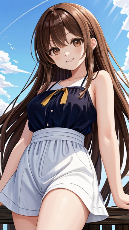 Highest quality, masterpiece, Ultra-high resolution, 8k,Summer sky,early summer,((Summer clothes)),Show anime style , One, Soft line drawing, Digital Enhancement, shojo anime touch, shojo manga core, Flowing fabric, close, Soft Drawing, Ultra High Definition Digital Anime Art, Clear facial depiction, Highly detailed girl manga character art, Ultra-detailed manga style, Highest qualityの色,
(Long brown hair), Wet Hair,Staring at us from the front,Long black hair, Clear brown eyes, Large Breasts,Small Ass,(((Teasing Smile))),hand,Landscape with nature,Look up at the sky,Angle that allows you to see all the way to your feet、Big Breasts