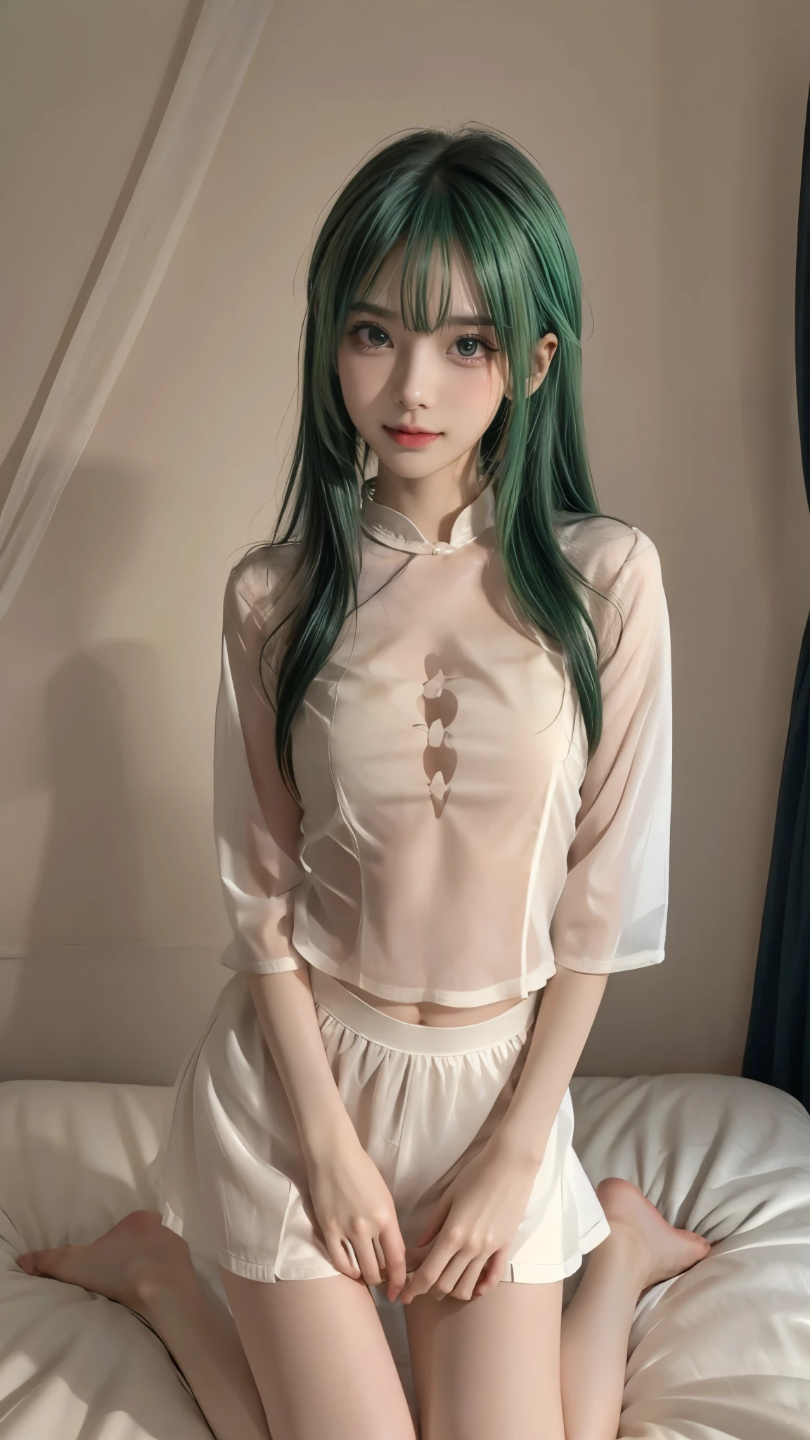 TOP QUALITY、Highest Image、Greatest Masterpiece、 reality:1.3、Ultra Fine、 Professional Shooting Techniques 、Professional lighting techniques 、 beautiful girl、、Young Face、Beautiful small face、High nose、Big pretty eyes、Attractive moist lips、Beautiful breasts、 small nice ass、thin thighs、 beautiful feet、slender body line、bob hair、 Short Twin Tails 、((Bright green hair:1.2))、cute、kind、Healing、Stylish white shirt、miniskirt、 beautiful collarbone 、Japanese anime style illustration、1 person、still shooting site、Cute hand sign、 cute pose 、( stare at the viewer、 mischievous expression ), (detailed feet:1.3, Perfectly correct foot:1.3)、((Tight cute costume))