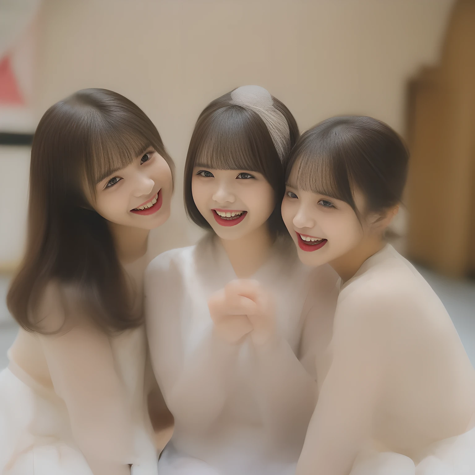 (highest quality, masterpiece, high resolution:1.2), 4K, (Photo quality clearly detailed foreground: 1.8), geometry, (Too beautiful cute noble Japanese 13yo fashion models are introducing feminine fashion trends (in a young women's popular fashion magazine). Three neat & clean (too beautiful) ladies. (Small ((well-groomed face)) with feminine intelligence). Some of cute noble Japanese photo model are looking at the thing just in front of them with her too beautiful amazed eyes: 1.6), (Neat (very noble and very expensive) feminine fashion (with beige blouse and (flared skirt with polka dots)): 1.4), (Using expensive face-whitening cosmetics to make her skin more beautiful and pure by professional makeup artist: 1.5), (Face and eyes are especially detailed beautifully: 1.5), (Beautiful light-amber large clear open eyes with balanced and detailed cutely, double eyelids: 1.4), (Glossy lips: 1.0), (beautiful shining black short hair: 1.7), (expensive ear accessories: 1.3), (white and clear skin: 1.0), (National Beautiful Girl Grand Prix winners: 2), (Laughing as if watching a very cute and funny thing happening just in front of them: 2)