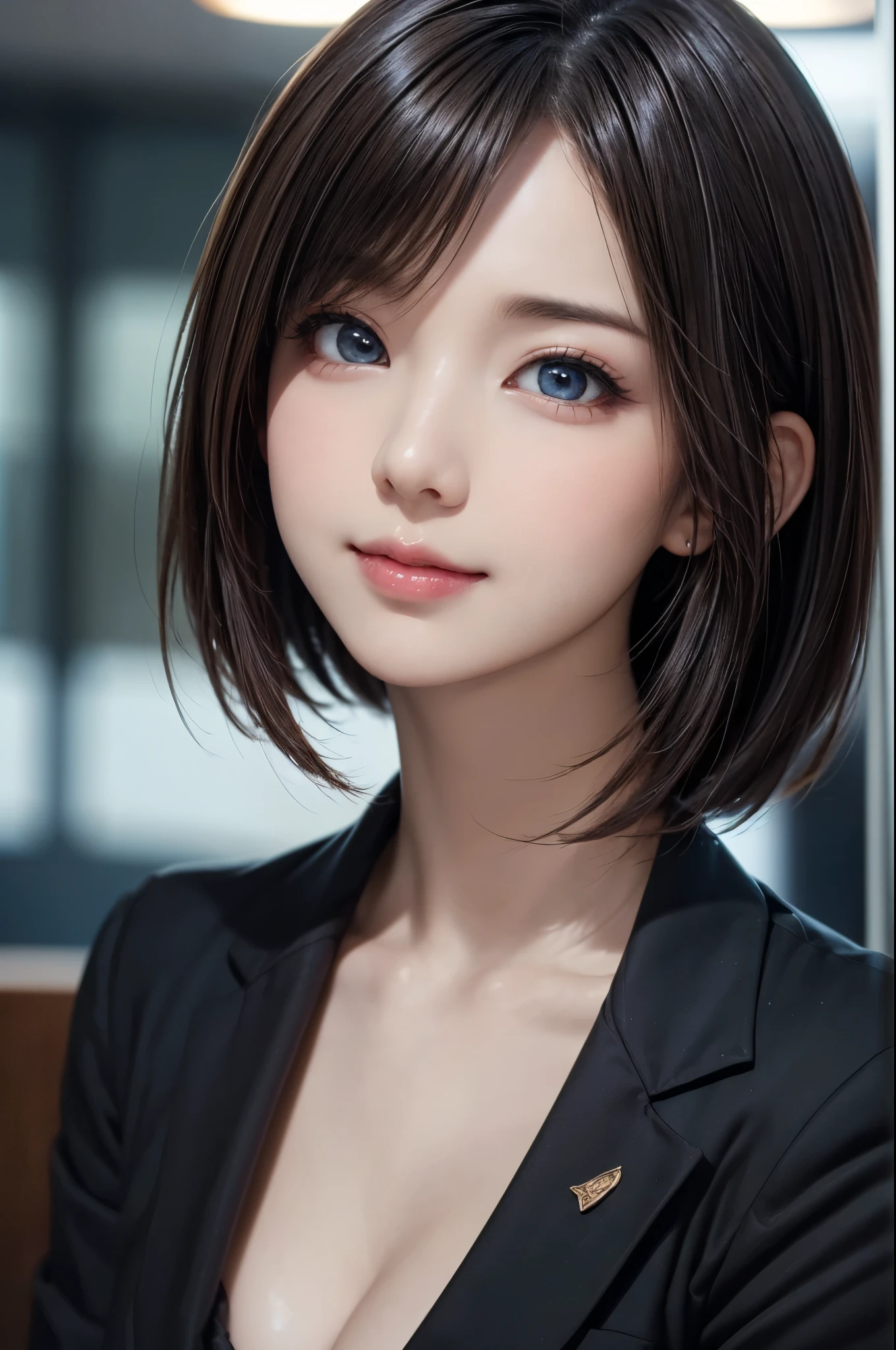  (photorealistic:1.4), (masterpiece, top quality, best quality, official art), extreme detailed, highest detailed, (ultra-detailed), ((an extremely delicate and beautiful)), (realisticlying:1.3), (highdetailskin:1.2), high resolution, 8K UHD, 4K, 8K, dynamic pose, portrait, cinematic lighting, 1girl, Pretty Japanese Idol, straight bob hair, (beautiful detailed eyes, perfect eyes:1.1), (beautiful detailed face:1.2), (kawaii, cute face, round face:1.3), natural makeup, beautiful glossy lips, beautiful breasts, (Glowing Skin), wearing a business suit, office
