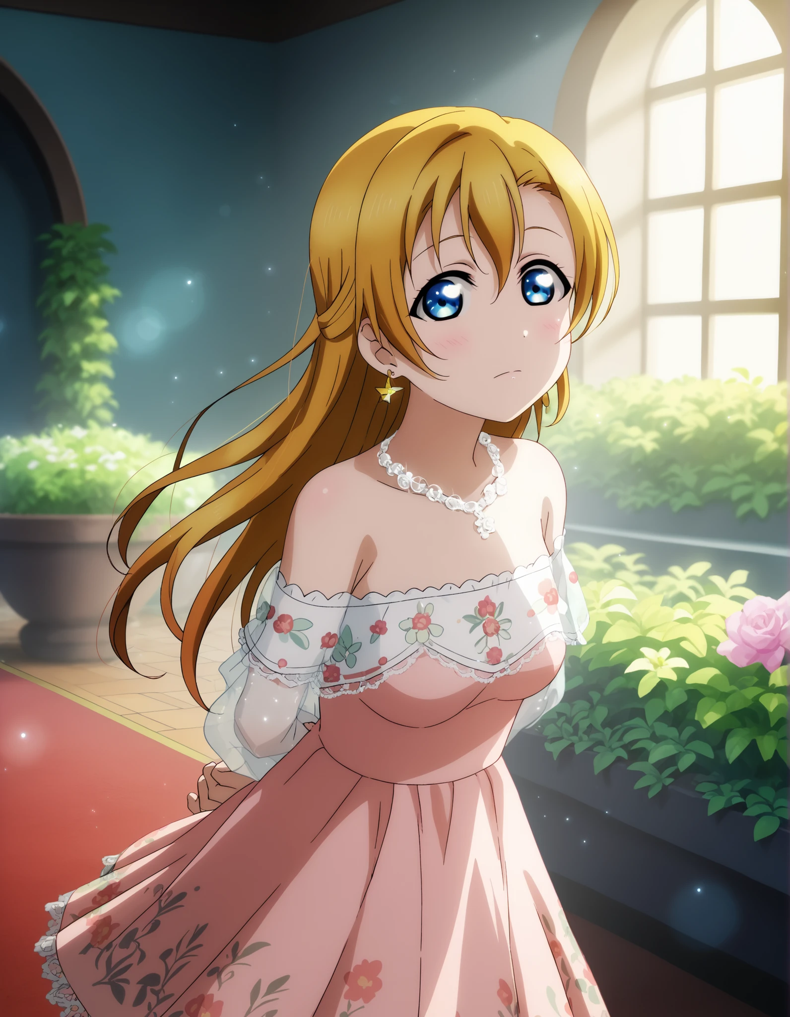 (Masterpiece, Best Quality, High Quality), upper body only,anime style, love live,kousaka honoka , kousaka honoka,id_honoka_kosaka,love live, blue eyes, brown hair, 8k wallpaper, looking at viewer, earrings , (Elegant, off-shoulder evening dress), deep blue gradient color, sparkling fabric, (delicate lace trimmings), semi-transparent sleeves, silver floral necklace, fitted bodice, flowing asymmetrical skirt, layered sheer overlay with glittery details, (graceful and refined design) ,in heat, yellow hair ribbon, garden,soft red lighting, hanging breasts, shy, wiggle ,arms behind back,pov