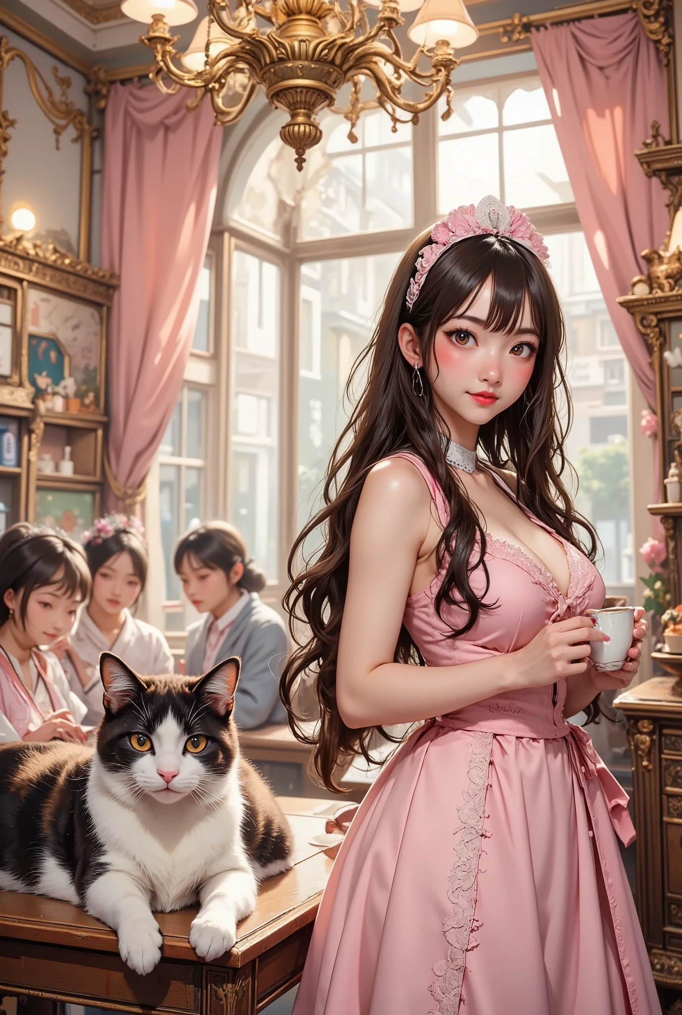 score_9, score_8_up, super realistic depiction, high resolution, masterpiece, highest image quality, high definition, 4K quality, 8K quality, beautiful girl, japanese, twenty years old, sexy maid, (((brown hair))), long hair, headband, (((smile shyly:1.6))), (((shy look))), stare, long eyelashes, (((big pink eyes))), blush, pink lip, (((tilt one's head:1.4))), (((pink french maid costume:1.4))), (((holding cake and coffee cup in hand:1.3))), (((Pastel colored maid cafe:1.4))), (((Inside the store is lively with female customers))), (((A calico cat and a white cat are lying down))), chandelier