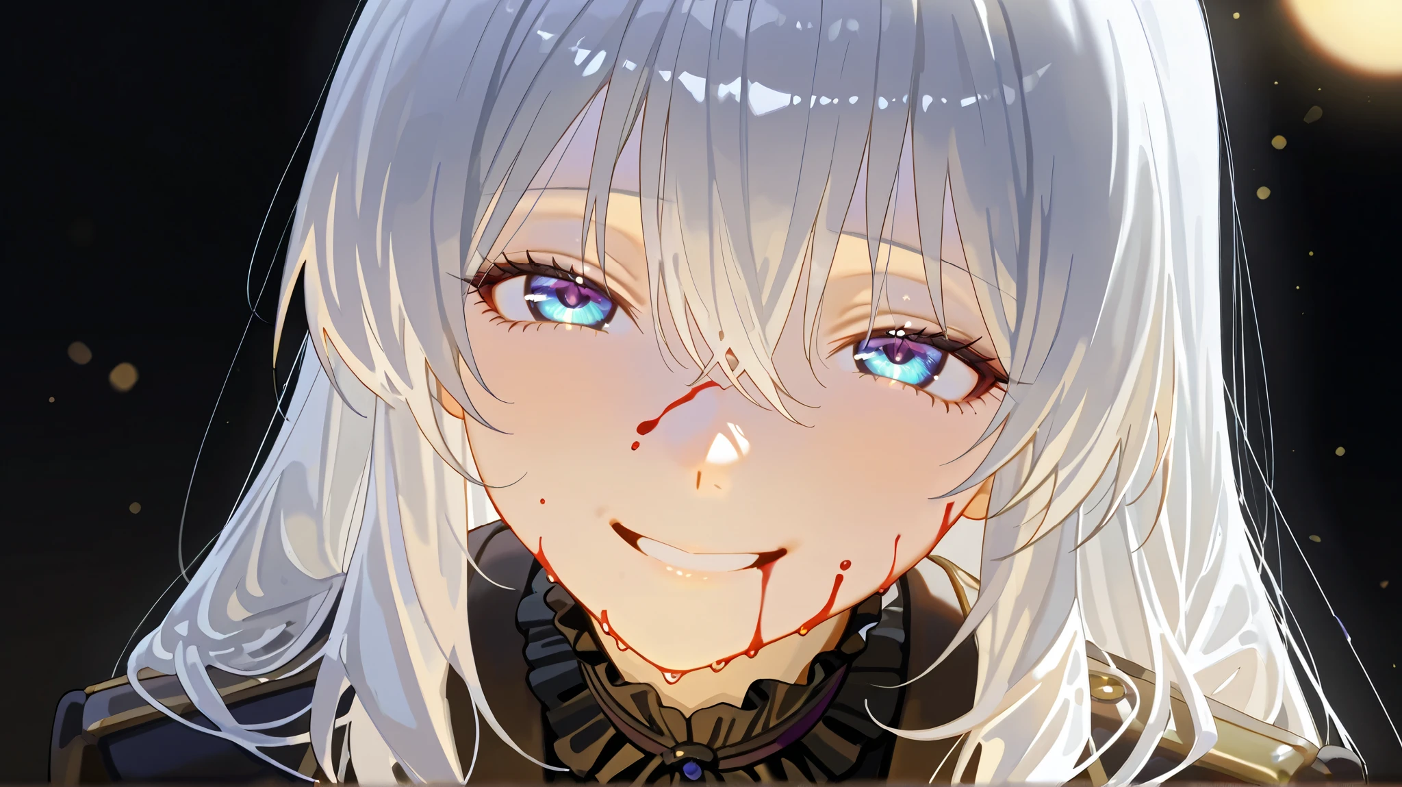 Beautiful boy with white hair 、 Bad Smile、(((( underexposed lighting )))))、 subtle and dramatic lighting effects from a distance of a few meters ,dark vibe、 Beautiful Delicate Eyes, TOP QUALITY,Great product、 black background 。 devilish smile、 long hair、 From a distance of a few meters。Alone。 illustration from the front 。。( blue-green eyes )。 I'm looking up and laughing like a devil 。is staring at me 。 I have blood on my face 。