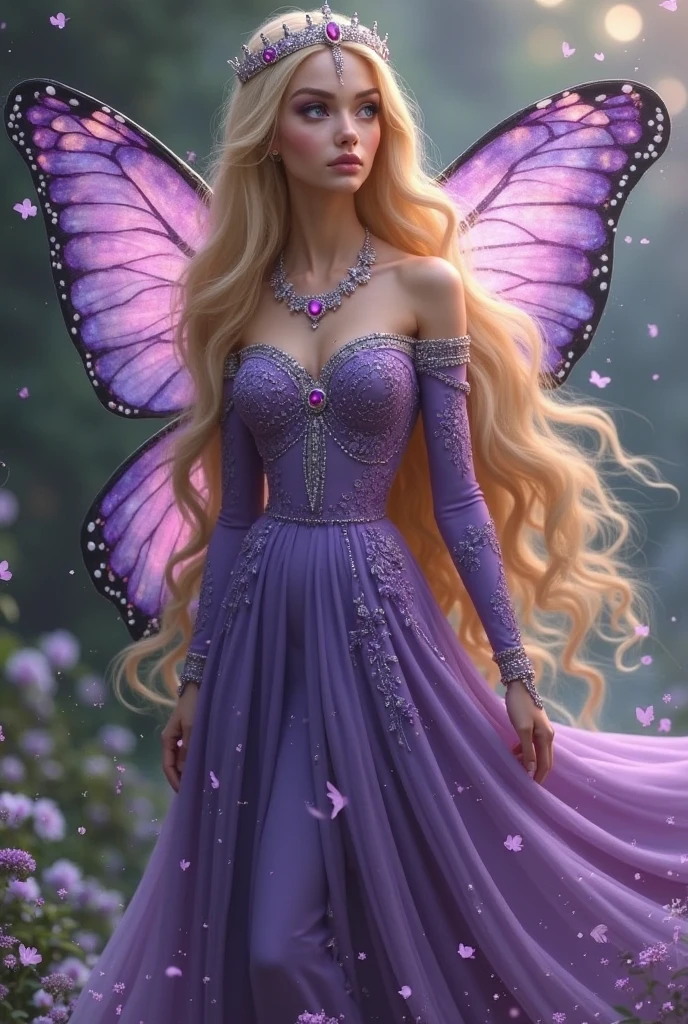 a Full body photo of a beautiful queen with pink hair sitting a purple throne, 8k intricate, elegant, highly detailed, majestic, digital photography, art by Artgerm and Ruan Jia and Greg Rutkowski Surreal Painting of Purple Butterfly Filigree, Broken Glass (Masterpiece, Side Lighting, Beautiful Finely Detailed Eyes: 1.2), HDR