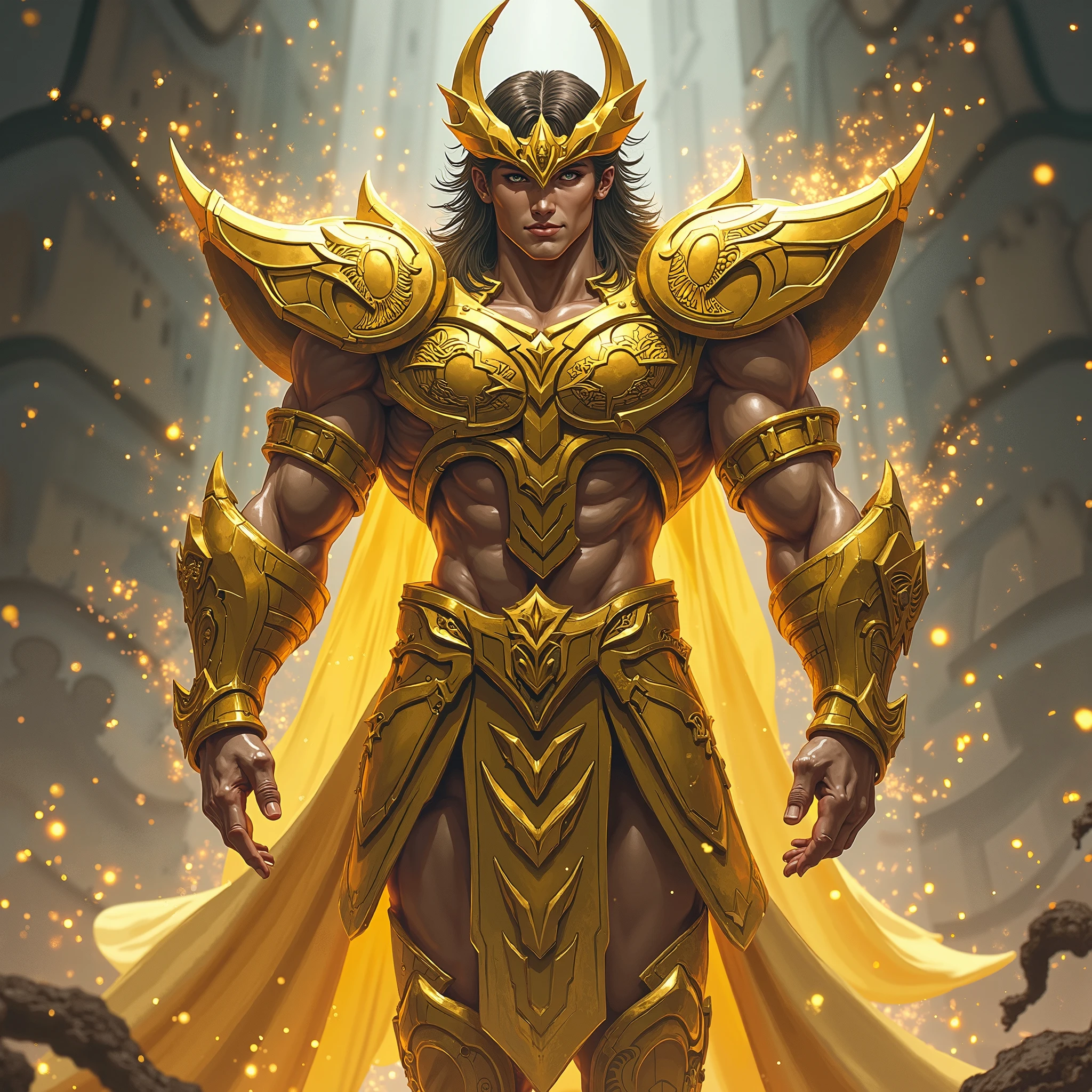 "Nos anais do tempo, A black warrior of immense strength stands out, dressed in ornate gold costumes that reflect his status as a true champion. Describe your indomitable, Wet appearance after a fierce confrontation, seus cabelos longos selvagens, his unmistakably furious expression, and the aura of heroism that surrounds his commanding posture."