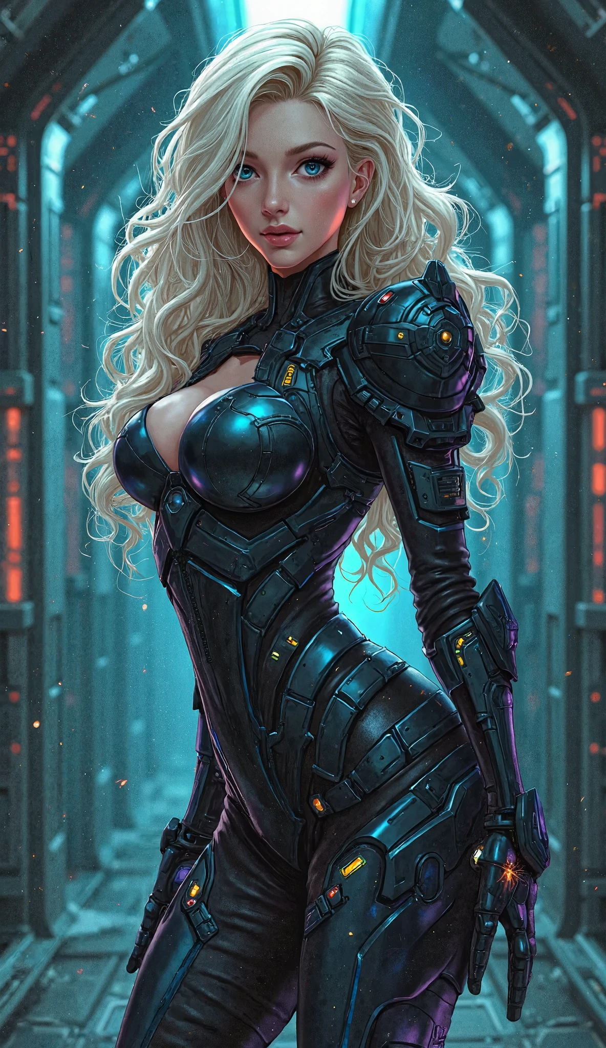 top quality, future world, State-of-the-art robot, Beautiful Woman, flying hair, (Transformed into a cyborg except for the face), sexy images, whole body photo, ((Queen, crown, robe)), scepter, left hand up