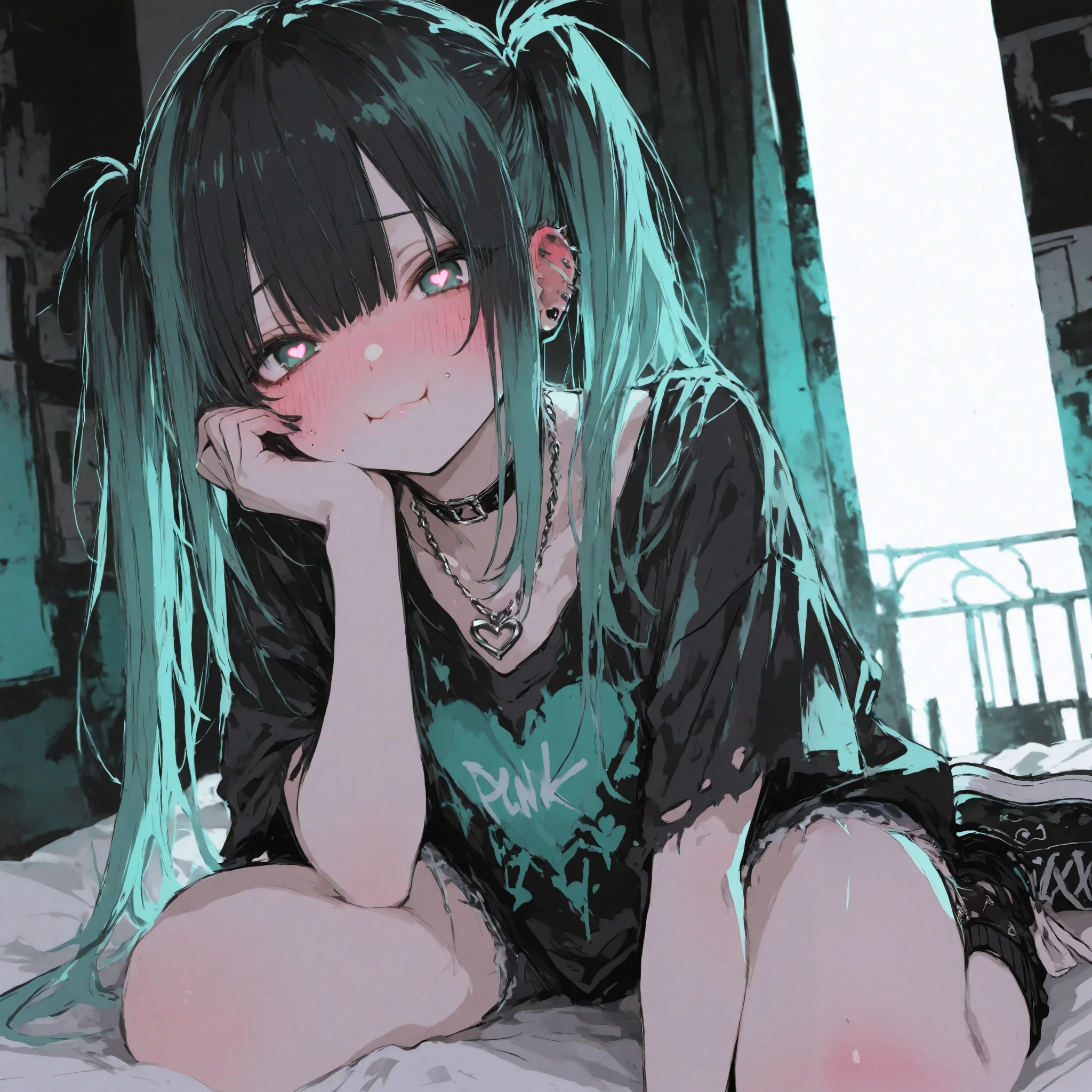 illustration, best quality, dramatic lighting, 00118_illu,r17329_illu,Cute,teal twin-tails, mischievous expression, choker necklace, heart-shaped pupils, full body,piercings, grunge style, black nails, blushing cheeks, ripped t-shirt with heart print, playful and edgy, detailed shading, punk aesthetic, soft lighting, vibrant colors, intense gaze,