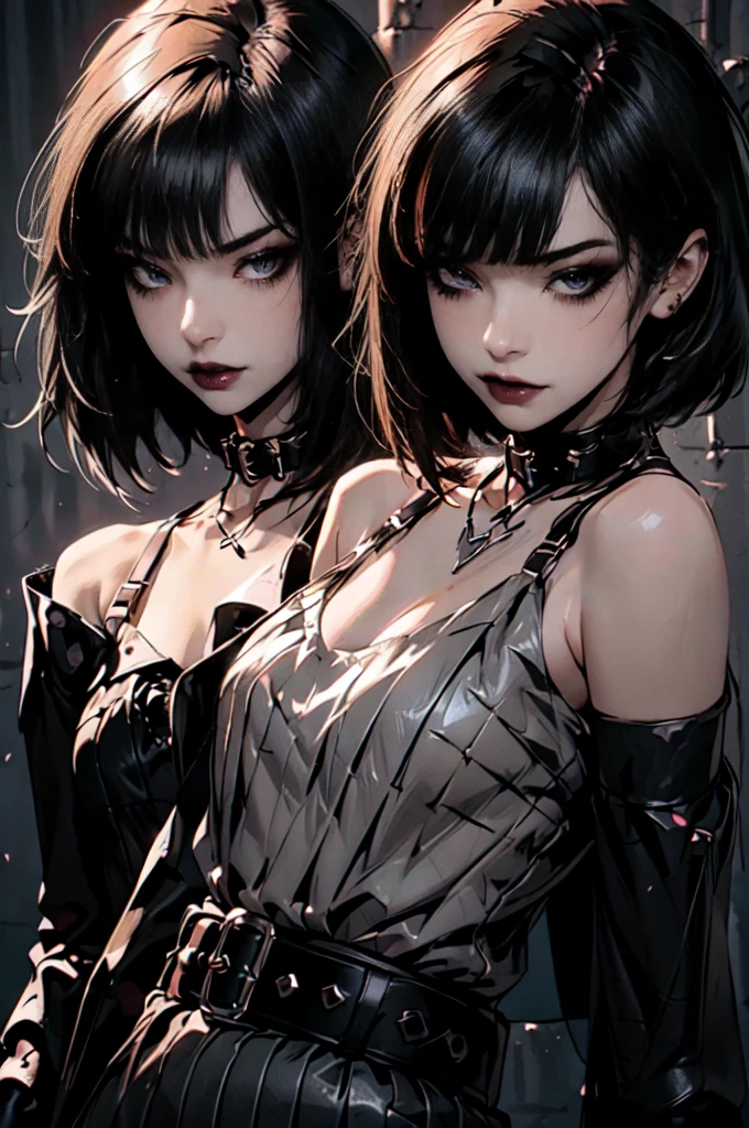 night, long blunt bangs, dark, blue cutoff jeans, Woman, (emo, gothic, dark), dark clothing, portrait, standing, (two heads)