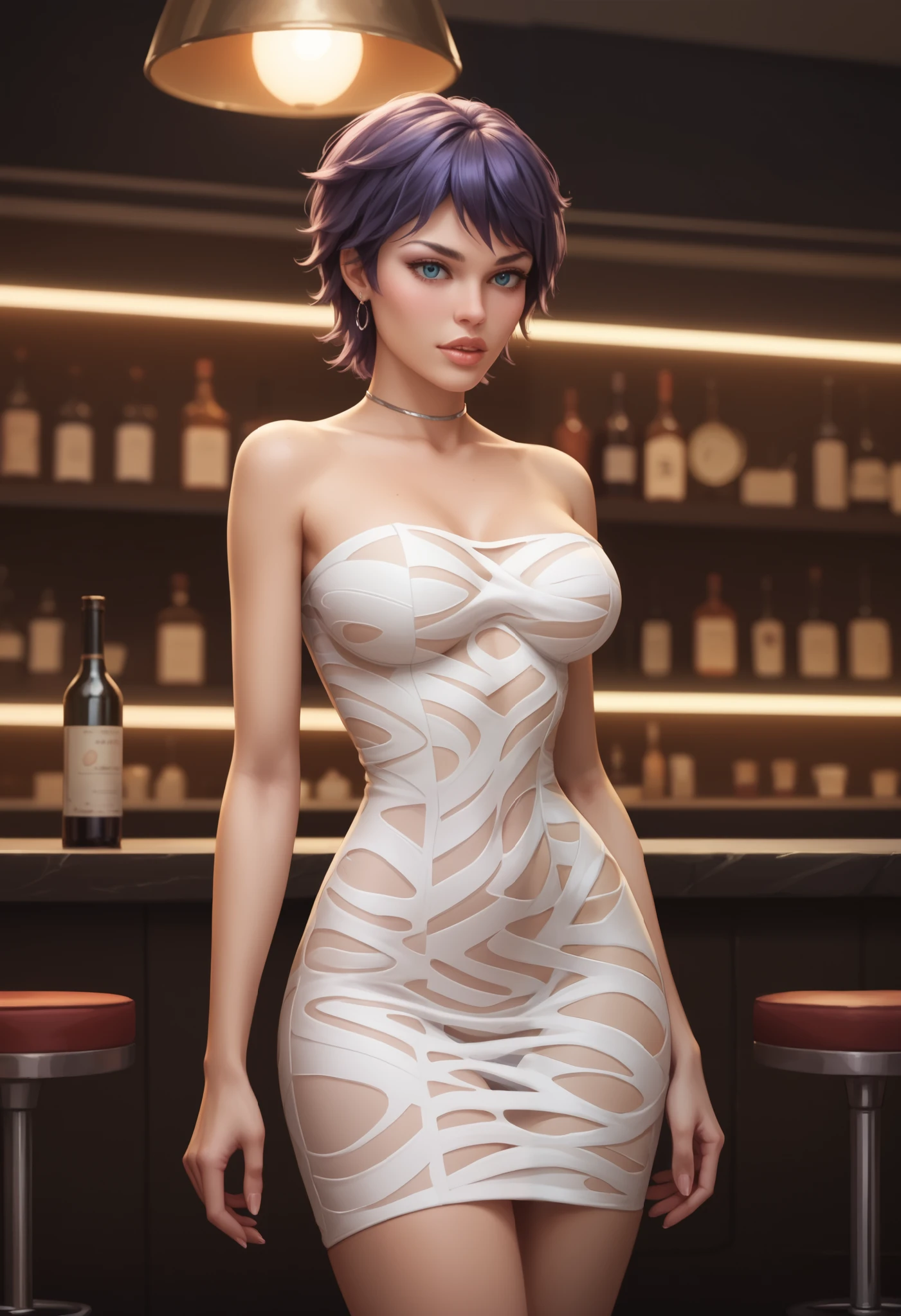 score 9 up, score 8 up, score 7 up, solo, Standing at attention, dynamic pose, 16k wallpaper, perfect lighting, masterpiece, sixofone, purple hair, short disheveled hair, big blue eyes, puffed lips, curvy sexy girl, sci-fi interior of bar, Strapless_Pothole_Tube_Dress_SKNSFW, white_dress, anime style, 2.5D, ultrarealistic picture