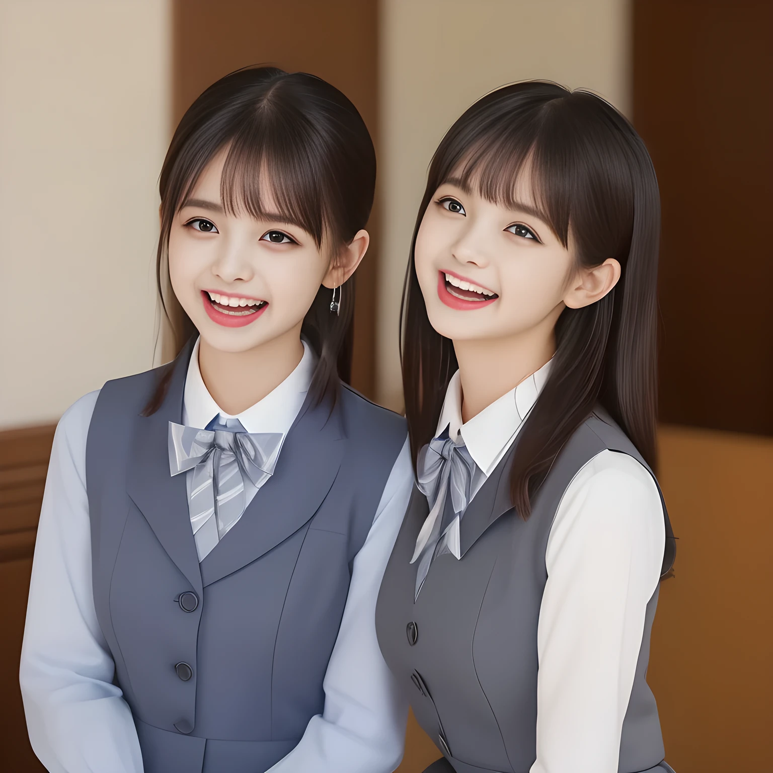 (highest quality, masterpiece, high resolution:1.2), 4K, (Photo quality clearly detailed foreground: 1.5), geometry, (Neat & clean girls. (Small well-groomed face with feminine intelligence). Some of Cute noble girly Japanese photo model are seated and looking at the viewer with her too beautiful eyes like laughing fashion model: 1.3), (Using expensive face-whitening cosmetics to make her skin more beautiful and pure by professional makeup artist: 1.5), (Face and eyes are especially detailed beautifully: 1.5), Laughing cutely, ((Light-Gray) Japanese school girly vest uniform with neat girly light-yellow school blouse, puffed shoulders: 1.2), (white socks and school loafers, kicking back: 0.7), (Dark blue glossy glossy school ribbon on the breast: 1.0), (Beautiful light-amber large clear open eyes with balanced and detailed cutely: 1.4), (double eyelids: 1.0), (highly curled bangs: 1.2), (Expressing the greatest joy with her whole body: 1.2), (Glossy lips: 1.0), (beautiful bobbed shining hair: 1.7), (cute earrings), (white and clear skin: 1.0), (Laughing cute princess's eyes looking at me: 0.8), (Very shy, cute, slender, pretty, pretty, too girly & Girlish: National Beautiful Girl Grand Prix winners: 2.0), (The girls knows well about the viewer's super fetishism for high-school uniforms, and satisfies it completely: 1.5), (High class cosmetics promotion to make everyone noble face, blessed by Venus and Aphrodite in a dark shrine under the school, falling down to the world of Aphrodite: 1.6), (Laughing with widely open mouth as if watching a very cute and funny thing happening just in front of their beautiful eyes: 2)