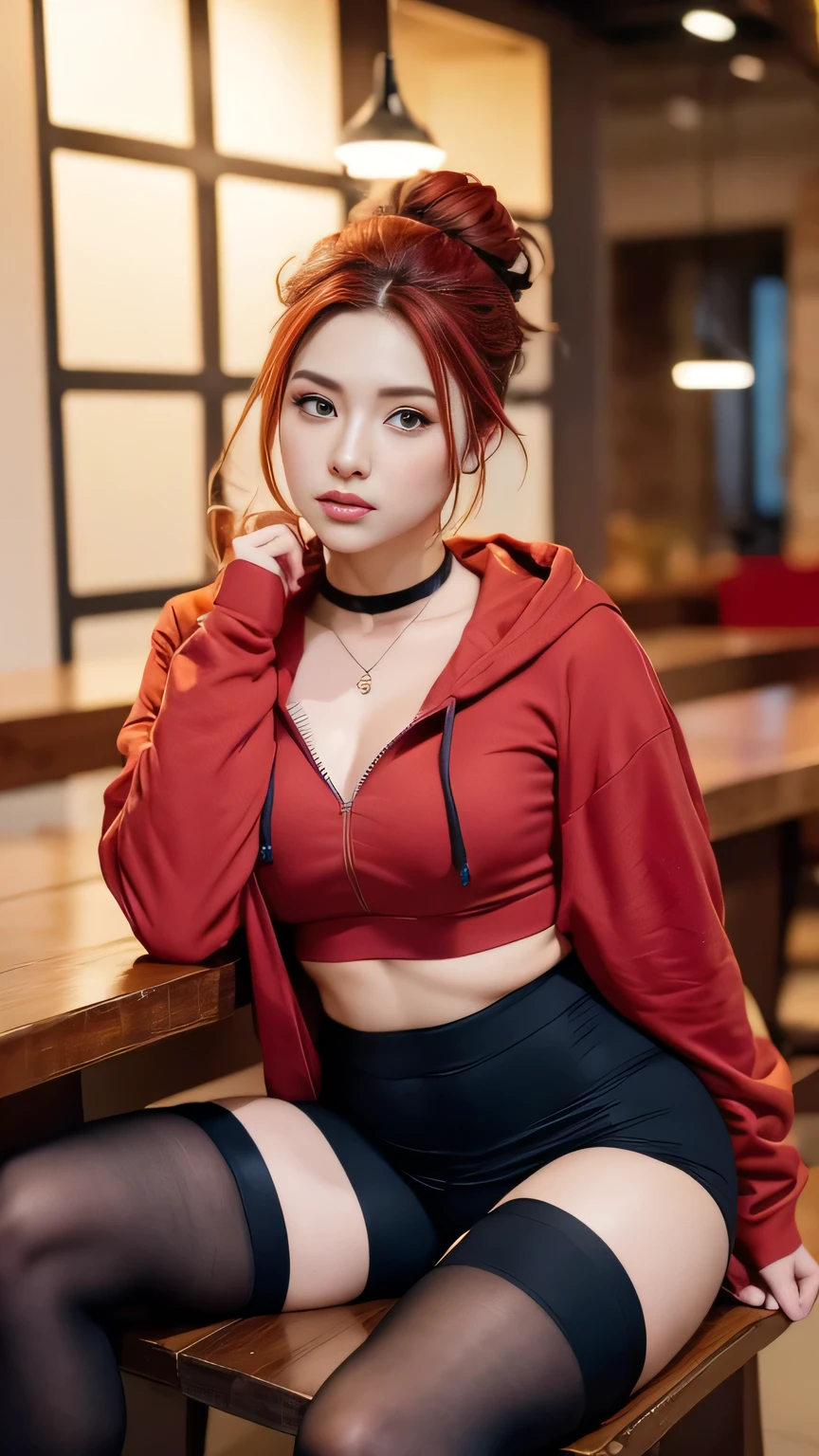 1 girl, Red hair, updo hairstyle, streaks of hair in face, red eyes, mascara, oversized hoodie, midriff, hot pants, tights, laced tights, bags under eyes, sitting, coffee shop, ground angle shot, viewer looking up, feet in tights,  saggy , chocker, raw photography, 8k, masterwork,