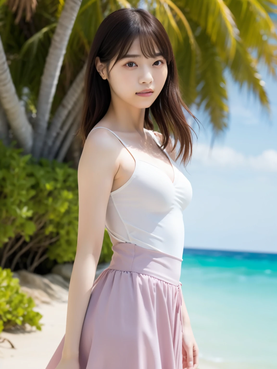 highest quality, masterpiece, ultra high resolution, (realistic:1.3), (close portrait) RAW photo, 1 girl, 22 years ago,(((pink mini skirt dress))),((brown hair long hair chignon)),along the coast,japanese pictures, fuji negative film,Pocari Sweat Advertisement ((Medium chest)),((smile showing teeth)),black hair,