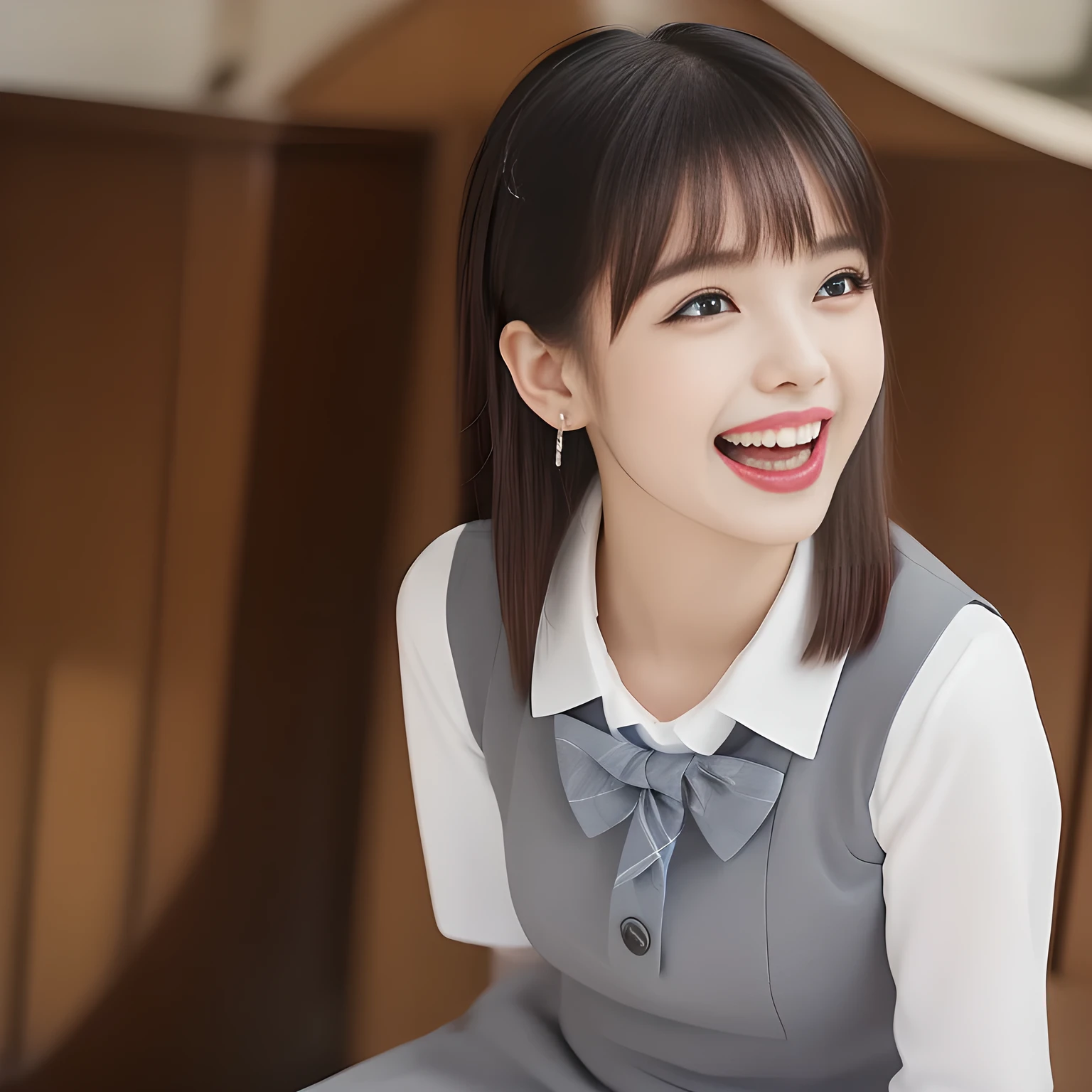 (highest quality, masterpiece, high resolution:1.2), 4K, (Photo quality clearly detailed foreground: 1.5), geometry, (Some neat & clean girls. (Small well-groomed face with feminine intelligence). Some of Cute noble girly Japanese photo model are seated and looking at the viewer with her too beautiful eyes like laughing fashion model: 1.3), (Using expensive face-whitening cosmetics to make her skin more beautiful and pure by professional makeup artist: 1.5), (Face and eyes are especially detailed beautifully: 1.5), Laughing cutely, ((Light-Gray) Japanese school girly vest uniform with neat girly light-yellow school blouse, puffed shoulders: 1.2), (white socks and school loafers, kicking back: 0.7), (Dark blue glossy glossy school ribbon on the breast: 1.0), (Beautiful light-amber large clear open eyes with balanced and detailed cutely: 1.4), (double eyelids: 1.0), (highly curled bangs: 1.2), (Expressing the greatest joy with her whole body: 1.2), (Glossy lips: 1.0), (beautiful bobbed shining hair: 1.7), (cute earrings), (white and clear skin: 1.0), (Laughing cute princess's eyes looking at me: 0.8), (Very shy, cute, slender, pretty, pretty, too girly & Girlish: National Beautiful Girl Grand Prix winners: 2.0), (The girls knows well about the viewer's super fetishism for high-school uniforms, and satisfies it completely: 1.5), (High class cosmetics promotion to make everyone noble face, blessed by Venus and Aphrodite in a dark shrine under the school, falling down to the world of Aphrodite: 1.6), (Laughing with widely open mouth as if watching a very cute and funny thing happening just in front of their beautiful eyes: 2), (hanging hands: 1.5)