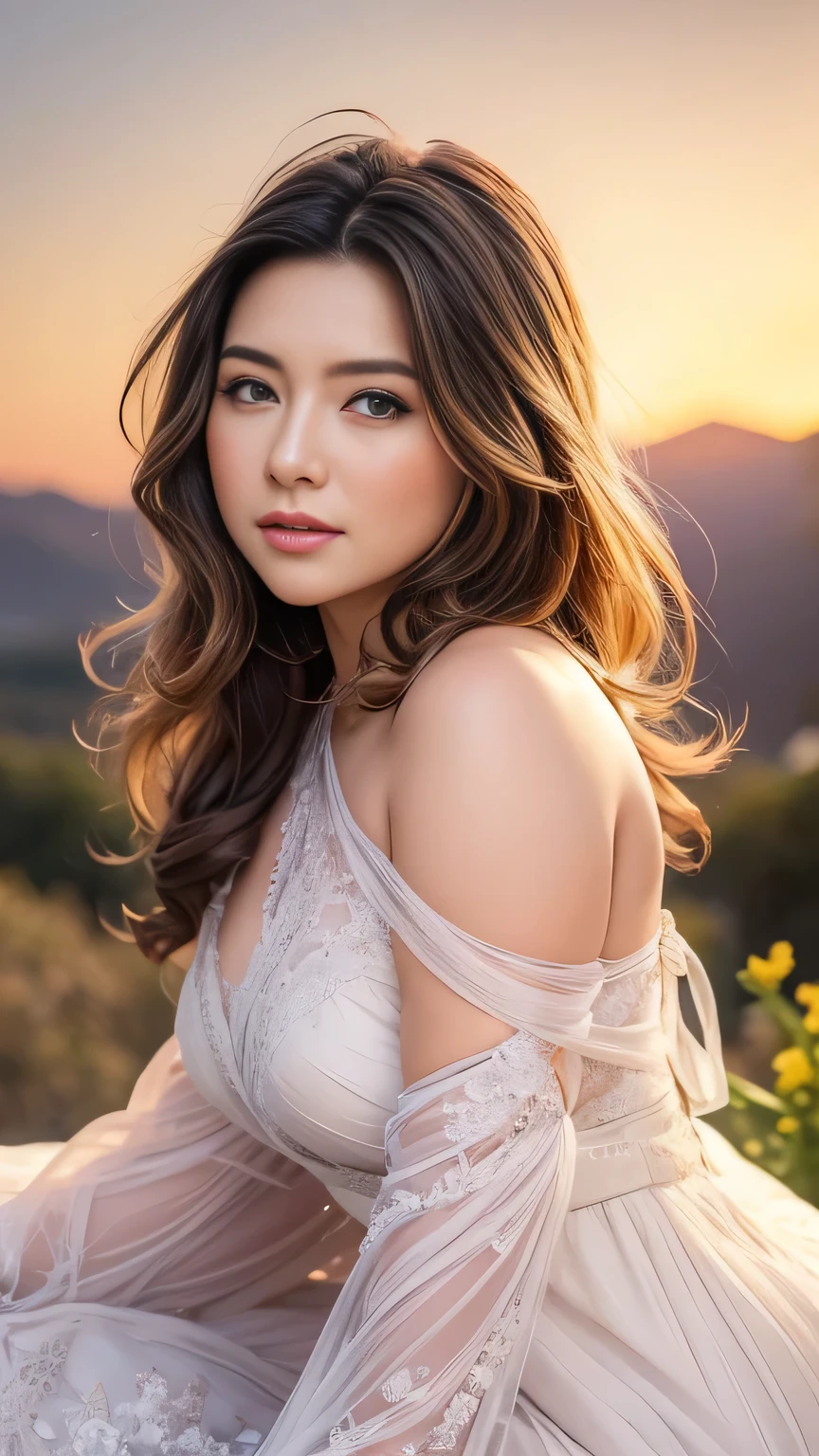 A beautiful woman stood atop a rocky outcropping, Her hair was swept up in loose curls that tumbled down her back, a subtle hint of makeup accentuated her high cheekbones, full lips, and flawless complexion. As she turned to face the camera, a soft smile played at the corners of her mouth, framing her delicate features and piercing blue eyes overlooking a breathtaking valley below. She wore a flowing wedding dress that billowed gently in the breeze ,the lace was delicately embroidered with tiny flowers and vines, while the hem was adorned with sparkling crystals that caught the light and glimmered like stars. In the foreground, a bed of wildflowers added a pop of color to the scene, with vibrant hues of pink, purple, and yellow. Bees buzzed lazily from blossom to blossom, collecting nectar in the golden light of the setting sun. The sun was setting behind the mountains, casting a warm orange glow across the vast landscape.