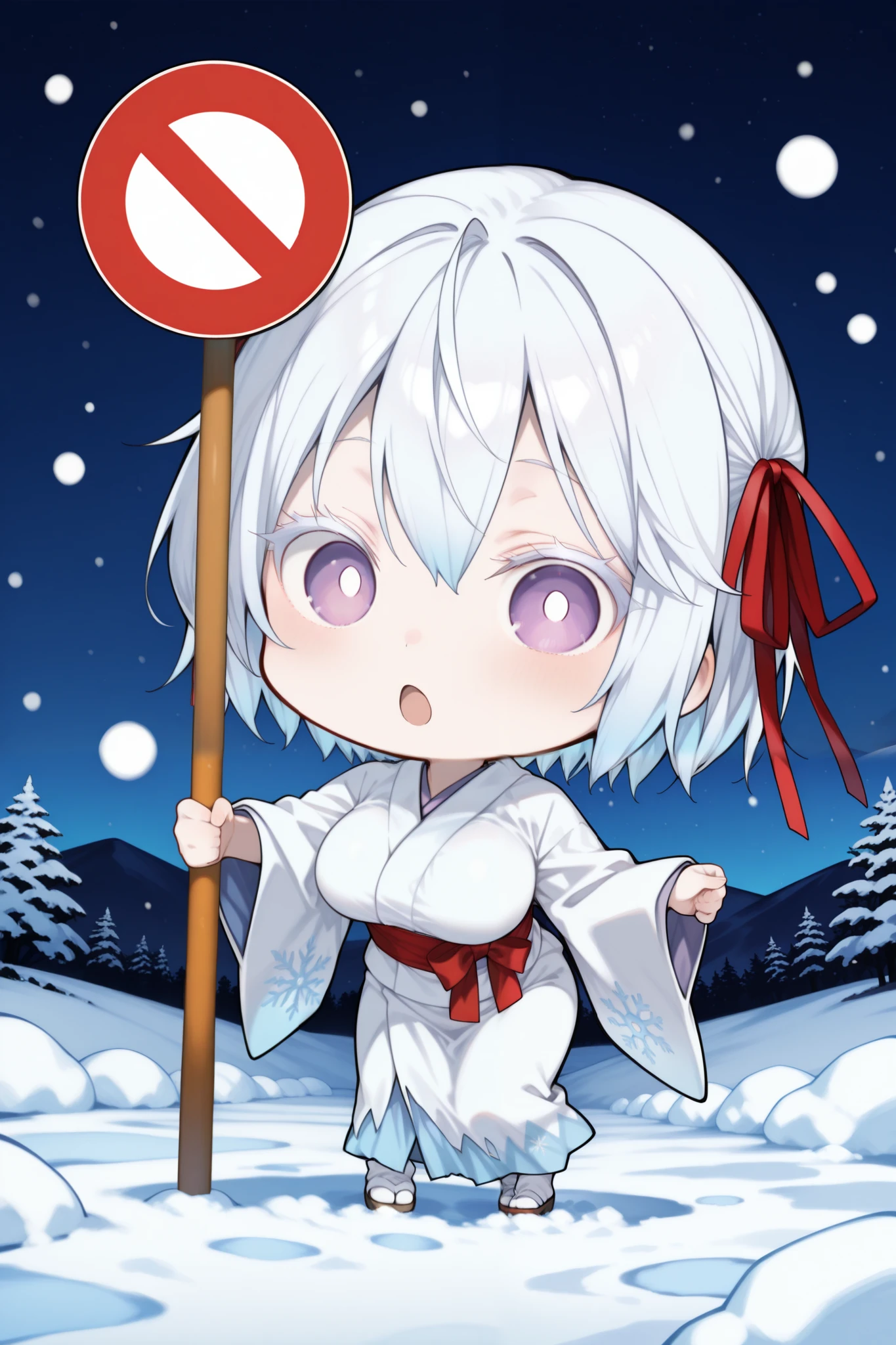 score_9, score_8_up, score_7_up, snow field, night, full body, (solo, 1girl, yuki onna, white hair, short hair, habitual hair, one right side hair ribbon, red ribbon, purple eyes), large breasts, petite, (white kimono), chibi, standing, chibi, road sign, cute face, (((white pupils))), (((white eyelashes))), ((blash, Open mOuth wide))
