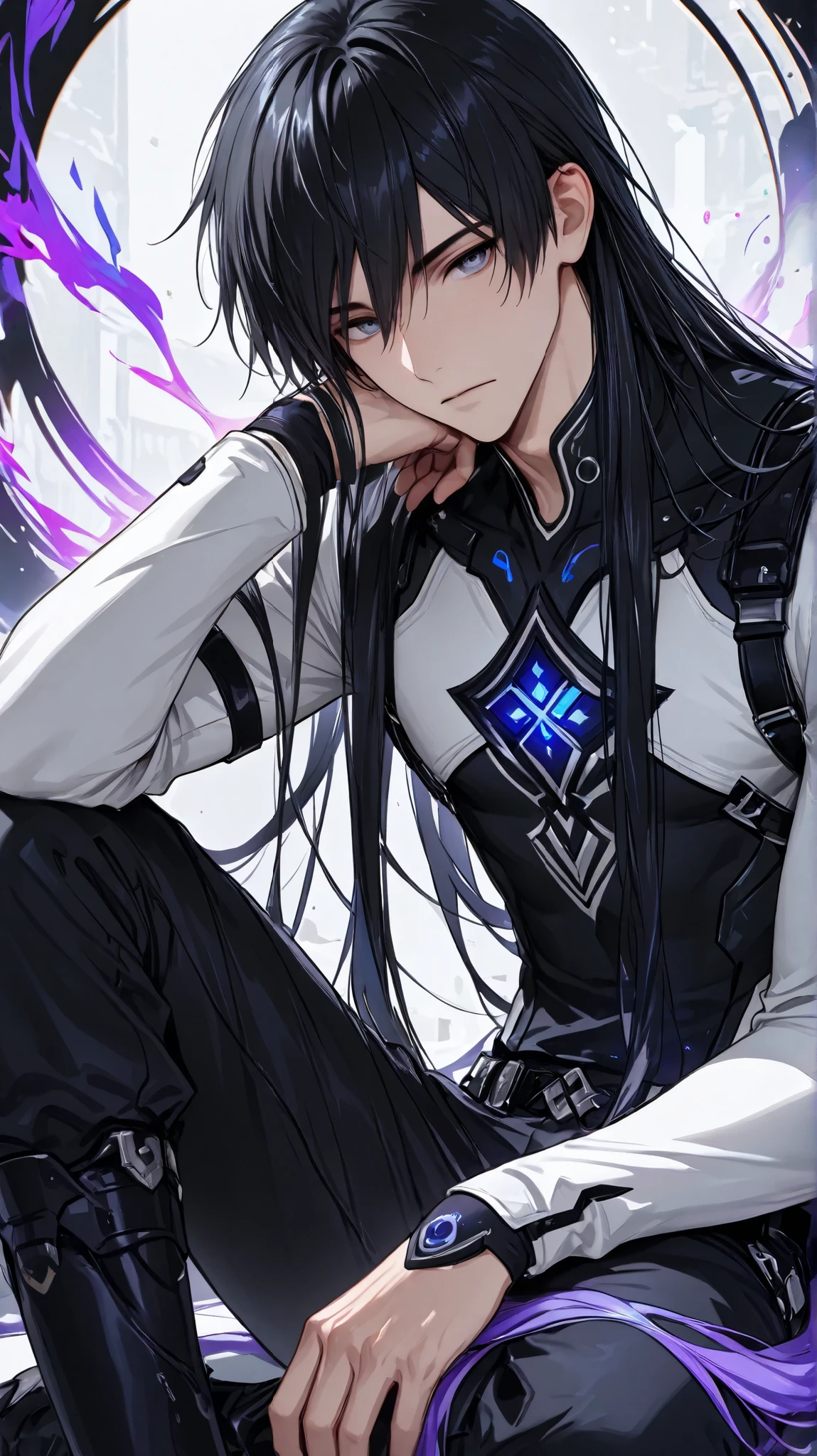 //1boy, lean body with long black hair (flowing)//, //wearing long sleeves and trousers: (color, all black)//, blue-grey eyes, best eyes detail, sitting, portrait, dynamic background, ultradetail, absurdres, purple aura