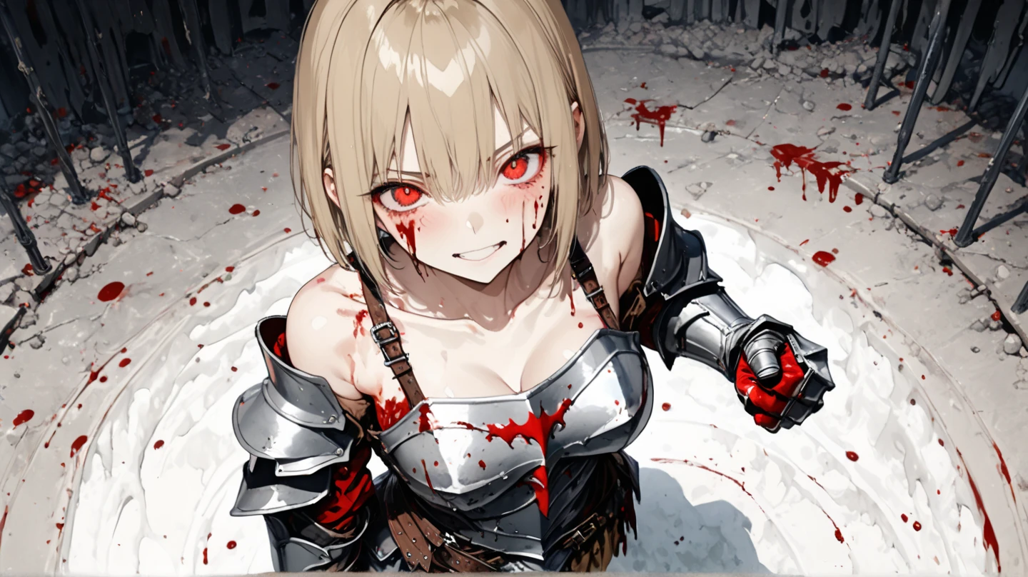 masterpiece, best quality, very aesthetic, absurdres, newest, 1girl, solo, blonde hair, female focus, blood, fangs, grabbing silver knife blade,