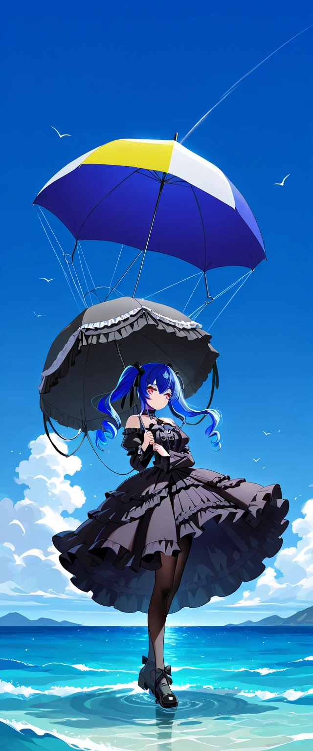 Composition seen from below - Blue sky with swirling clouds - Masterpiece - Back Anime-style delicate painting 4K 90's Giant Multiple girls Crowd Big city Crowd Many people ((A girl dressed as a giant maid walking in the valley of the city)), Maid outfit, Big breasts, White socks, wristwatch, black hair, smile, female giant girl whole body Crowd Unreal Engine, cleavage, drawing, earrings, long hair, cute drawing, beauty, analog style, whole body, sneakers