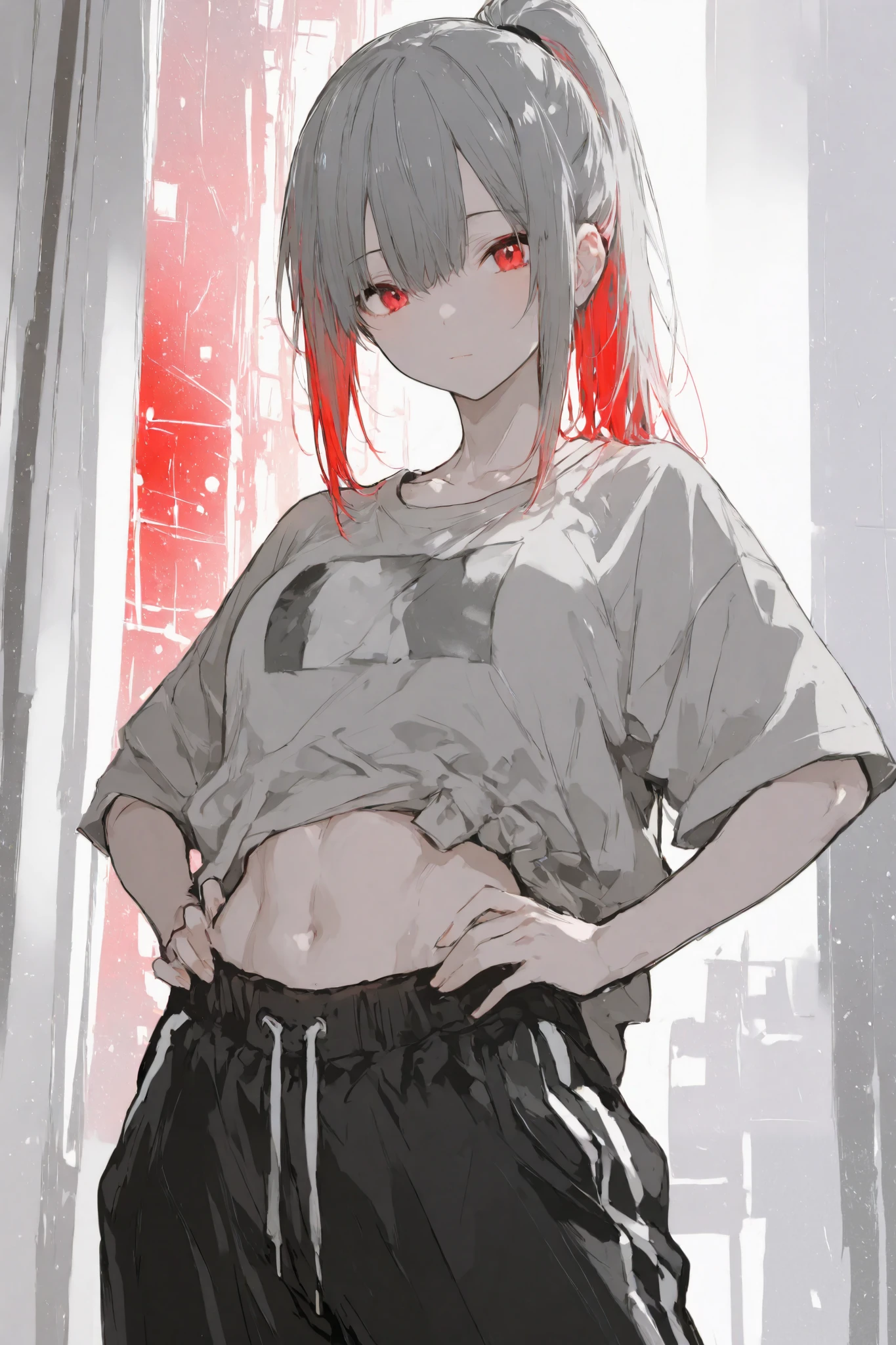 illustration, best quality, dramatic lighting, 00118_illu,r17329_illu,Cute,masterpiece, best quality, 8k, highres, ultra-detailed,HDR, UHD, studio lighting, pastel,anime girl, sporty casual outfit, oversized gray t-shirt, black track pants, high ponytail with red streaks, hands on hips, studio crystal background, confident pose, athletic vibe, minimalistic setting, modern fashion, toned midriff, relaxed expression, monochrome color scheme, simple and stylish, fitness aesthetic, urban style, sleek design, focus on character, anime art style