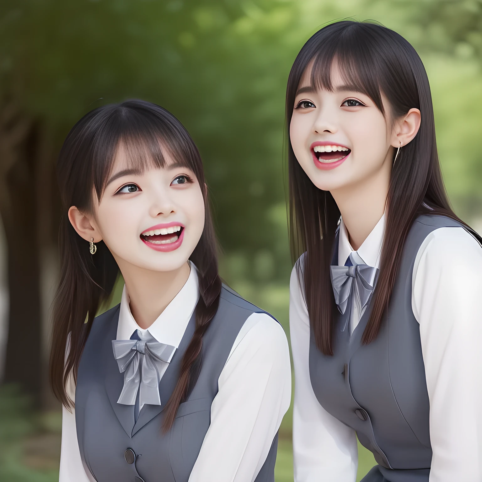 (highest quality, masterpiece, high resolution:1.2), 4K, (Photo quality clearly detailed foreground: 1.5), geometry, (Tree neat & clean girls. (Small well-groomed face with feminine intelligence). Some of Cute noble girly Japanese photo model are seated and looking at the thing in front of them with their cute beautiful eyes like laughing fashion model: 1.3), (Using expensive face-whitening cosmetics to make her skin more beautiful and pure by professional makeup artist: 1.5), (Face and eyes are especially detailed beautifully: 1.5), Laughing cutely, ((Light-Gray) Japanese school girly vest uniform with neat girly light-yellow school blouse, puffed shoulders: 1.2), (white socks and school loafers, kicking back: 0.7), (Dark blue glossy glossy school ribbon on the breast: 1.0), (Beautiful light-amber large clear open eyes with balanced and detailed cutely: 1.4), (double eyelids: 1.0), (highly curled bangs: 1.2), (Expressing the greatest joy with her whole body: 1.2), (Glossy lips: 1.0), (beautiful bobbed shining hair: 1.7), (cute earrings), (white and clear skin: 1.0), (Laughing cute princess's eyes looking at me: 0.8), (Very shy, cute, slender, pretty, pretty, too girly & Girlish: National Beautiful Girl Grand Prix winners: 2.0), (The girls knows well about the viewer's super fetishism for high-school uniforms, and satisfies it completely: 1.5), (High class cosmetics promotion to make everyone noble face, blessed by Venus and Aphrodite in a dark shrine under the school, falling down to the world of Aphrodite: 1.6), (they are laughing with widely open mouth as if watching a very cute and funny thing happening just in front of their beautiful eyes: 2), (hanging hands: 1.5)