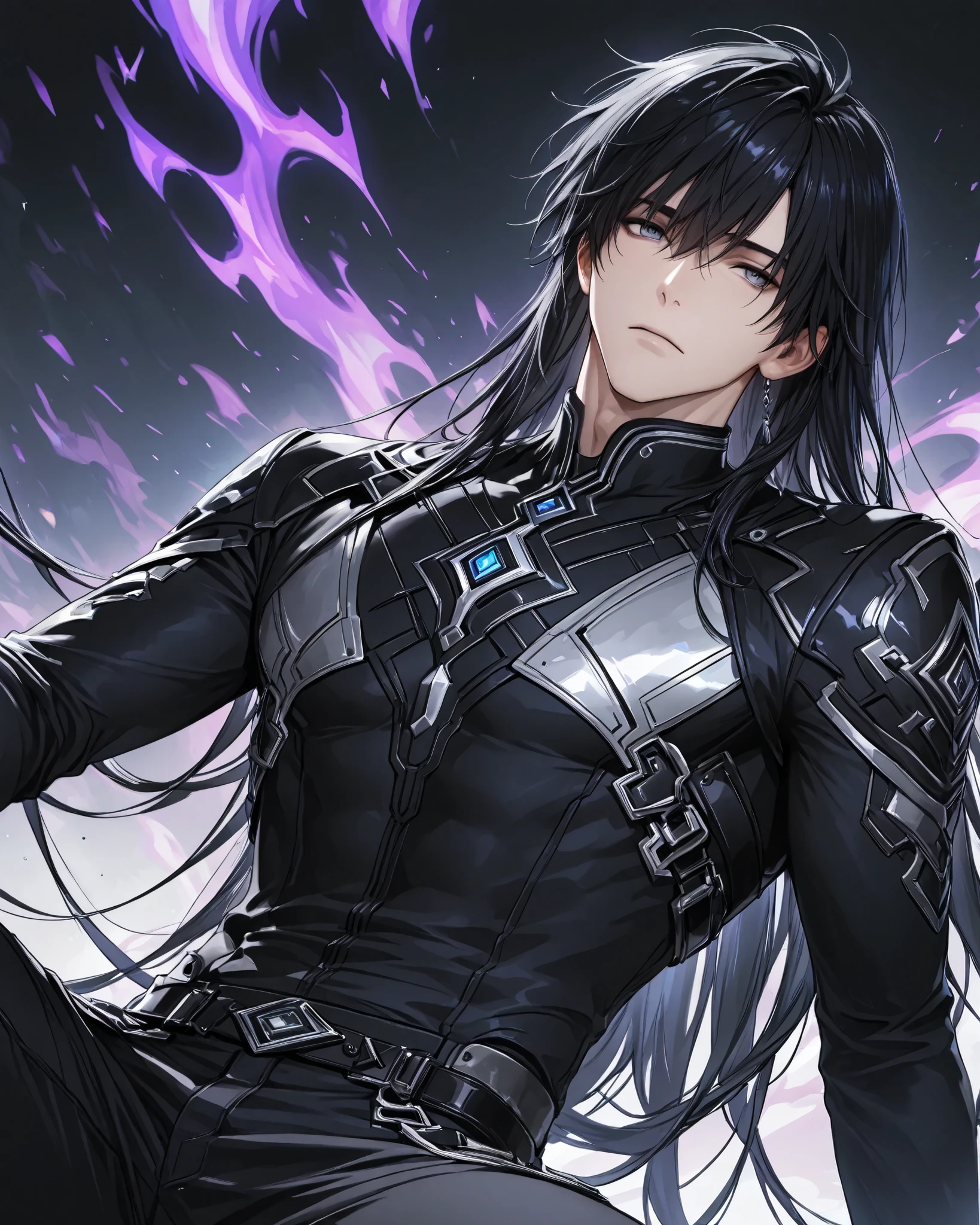 //1boy, lean body with long black hair (flowing)//, //wearing long sleeves and trousers: (color, all black)//, blue-grey eyes, best eyes detail, sitting, portrait, dynamic background, ultradetail, absurdres, purple aura