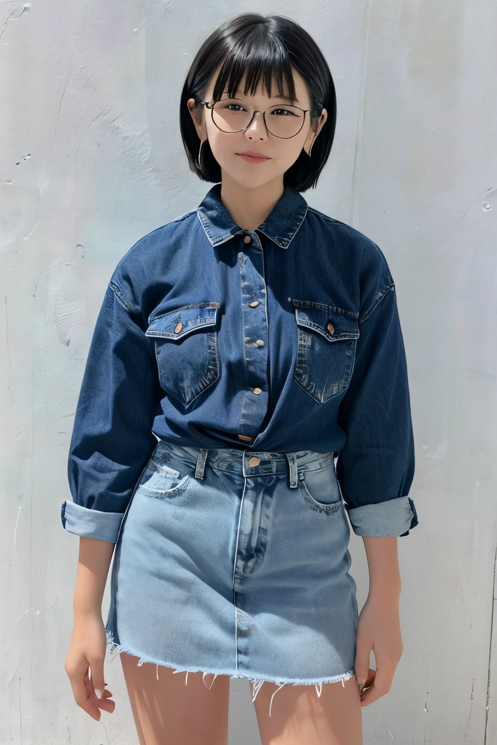 full body、Glasses、denim skirt、low ponytail、bangs、WhiteT shirt、SMALLE BREASTS、 No Background