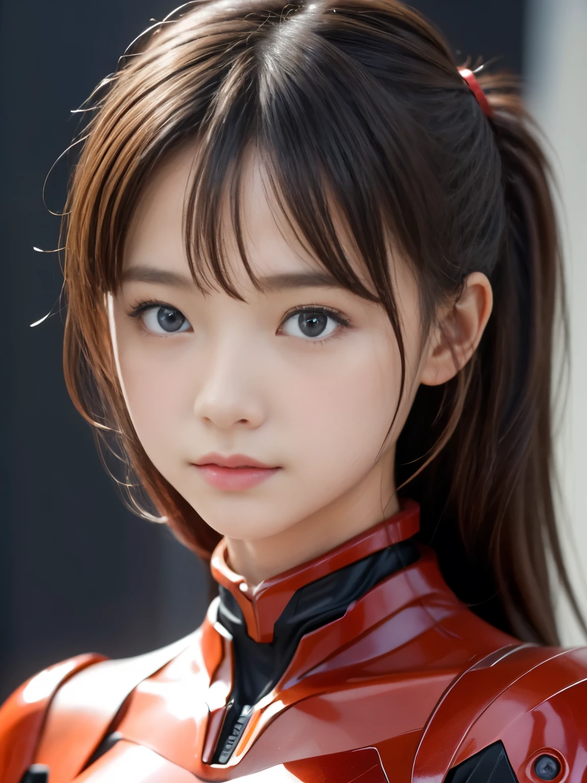 cleavage, (masterpiece:1.4、Highest quality)、(Intricate details)、Unity8k wallpaper、Super detailed、Beautiful and mysterious、Detailed Background、Realistic、alone、Perfectly detailed face、Detailed blue eyes、Very detailed、blush、hair ornaments、Chignon Mahogany Hair、(Blonde)、Plug Suit 02,Shikinami Asuka Langley、Evangelion、Looking into the camera、Look forward、cute、Full Body Suit、Black Background、