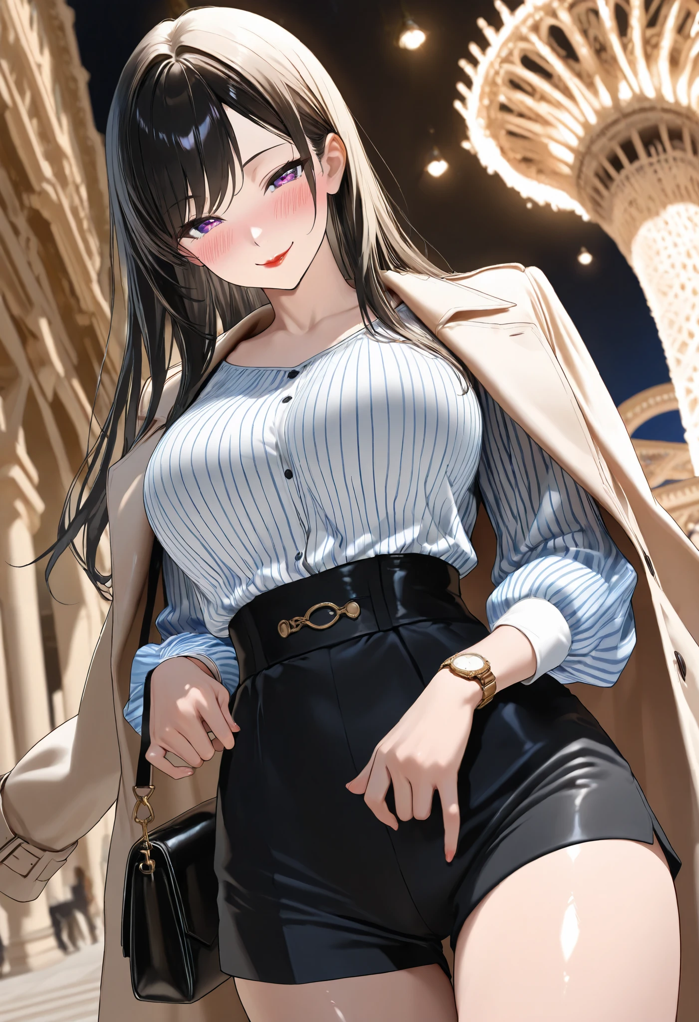 best quality, highres,1 woman,Slender、small face、brown eyes、(tall:1.3)、black hair BREAK、long hair、(Clothes:1.3)、big breasts、hair ornaments、25 years old、Mature、winter