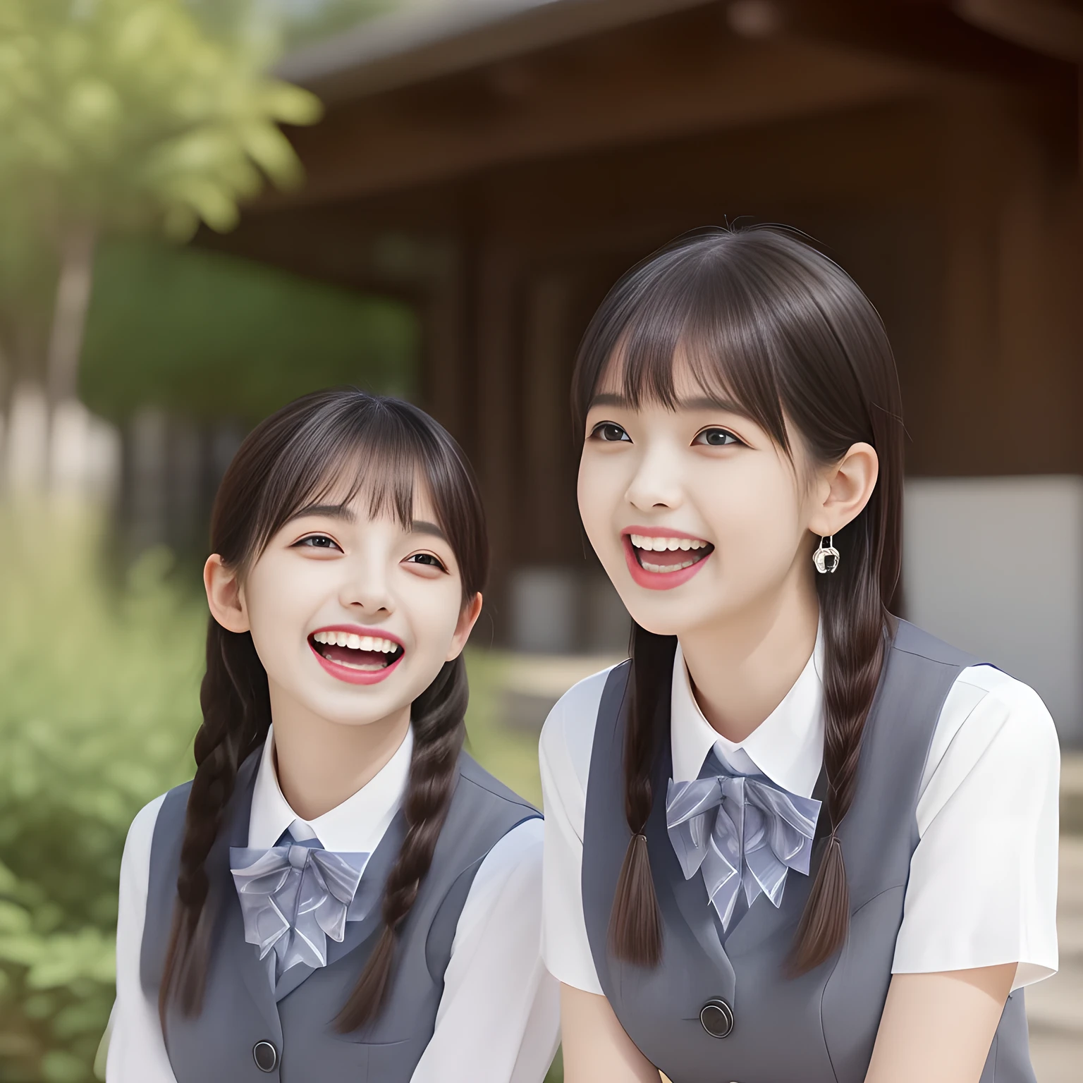 (highest quality, masterpiece, high resolution:1.2), 4K, (Photo quality clearly detailed foreground: 1.5), geometry, (Tree neat & clean girls are bursting into laughter. (Small well-groomed face with feminine intelligence). Some of Cute noble girly Japanese photo model are seated and looking at the thing in front of them with their cute beautiful eyes like laughing fashion model: 1.3), (Using expensive face-whitening cosmetics to make her skin more beautiful and pure by professional makeup artist: 1.5), (Face and eyes are especially detailed beautifully: 1.5), Laughing cutely, ((Light-Gray) Japanese school girly vest uniform with neat girly light-yellow school blouse, puffed shoulders: 1.2), (white socks and school loafers, kicking back: 0.7), (Dark blue glossy glossy school ribbon on the breast: 1.0), (Beautiful light-amber large clear open eyes with balanced and detailed cutely: 1.4), (double eyelids: 1.0), (highly curled bangs: 1.2), (Expressing the greatest joy with her whole body: 1.2), (Glossy lips: 1.0), (beautiful bobbed shining hair: 1.7), (cute earrings), (white and clear skin: 1.0), (Laughing cute princess's eyes looking at me: 0.8), (Very shy, cute, slender, pretty, pretty, too girly & Girlish:  National Beautiful Girl Grand Prix winners: 2.0),  (The girls knows well about the viewer's super fetishism for high-school uniforms, and satisfies it completely: 1.5), (High class cosmetics promotion to make everyone noble face, blessed by Venus and Aphrodite in a dark shrine under the school, falling down to the world of Aphrodite: 1.6), (they are laughing with widely open mouth as if watching a very cute and funny thing happening just in front of their beautiful eyes: 2), (hanging hands: 1.5)