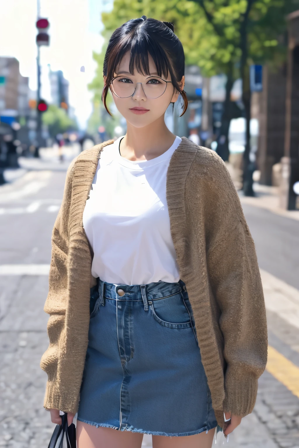 full body、Glasses、denim skirt、low ponytail、bangs、WhiteT shirt、SMALLE BREASTS、 No Background