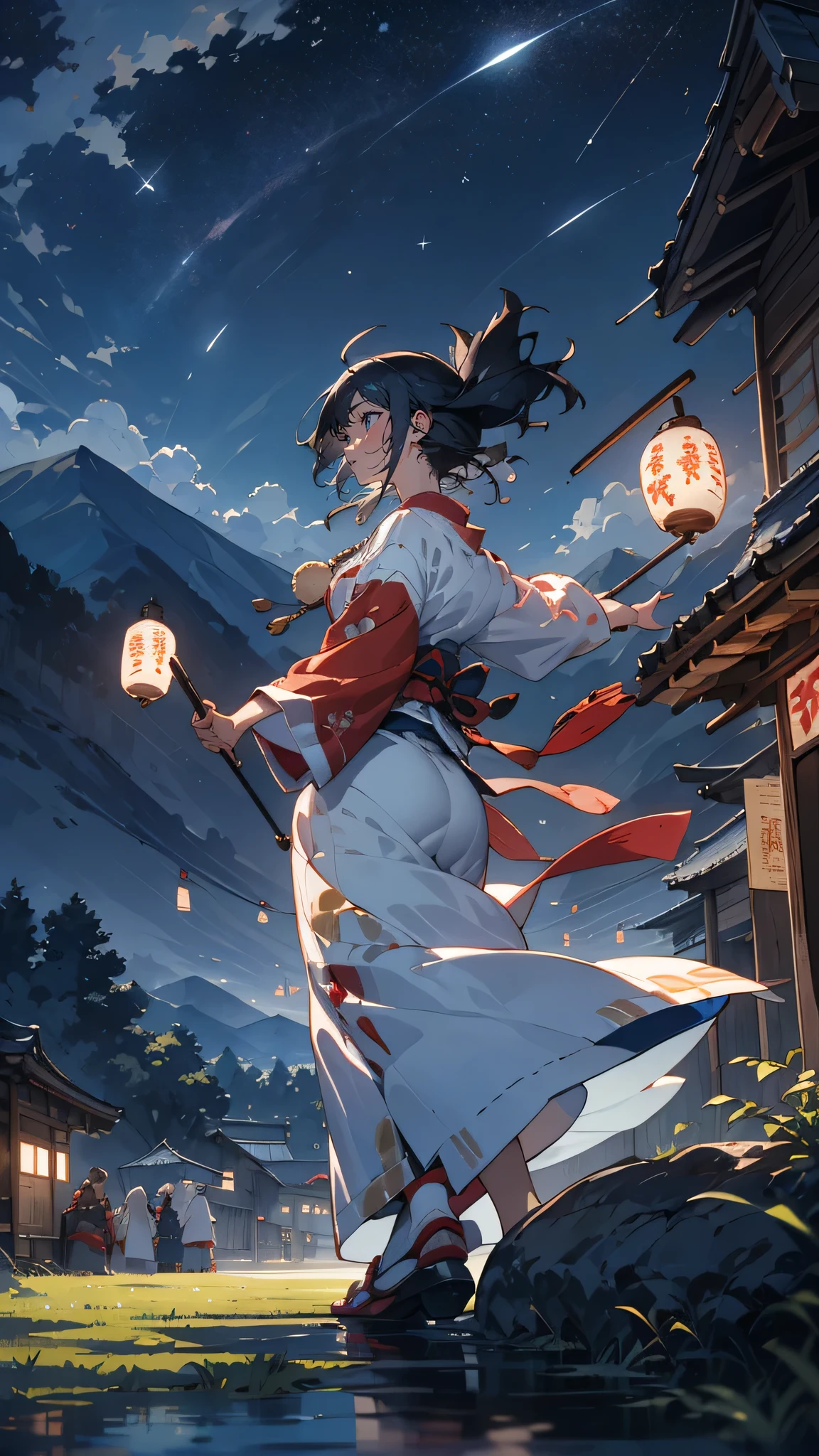 “An autumn harvest festival taking place in the center of the countryside town, lit by rows of colorful lanterns hanging from an old shrine. The sound of traditional taiko drums and laughter fills the air, as people dressed in vibrant, traditional clothing dance and celebrate under the night sky. Behind the shrine, majestic mountains stand silently, and the sky is dotted with countless stars. It’s a festive yet nostalgic night, with a touch of magic in the air.”