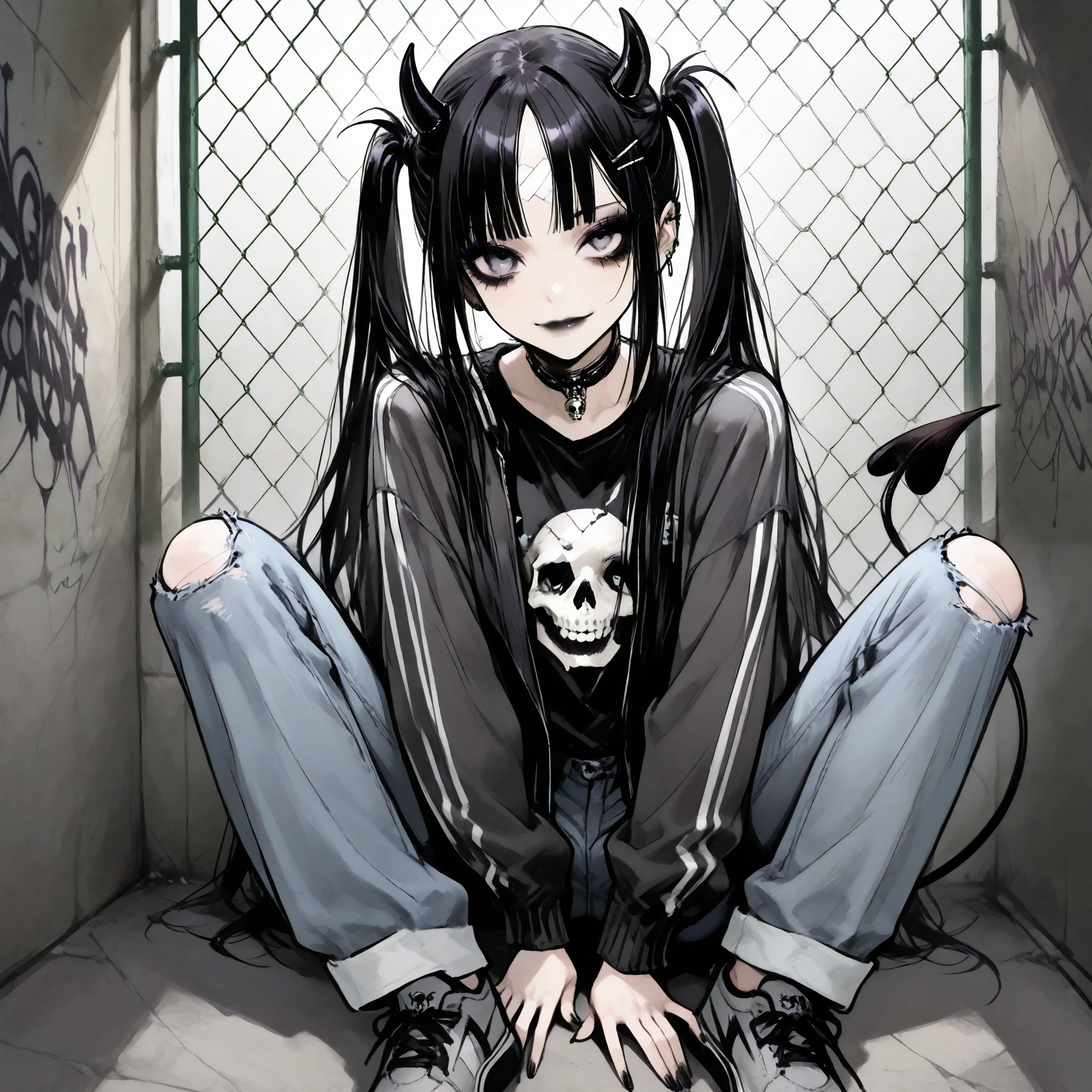 skinny tired girl is belong to emo/goth subculture. girl has black-and-white scene hairstyle: long emo bangs that hide half of her face, long hair gathered in two black high messy spiky long pigtails. She has a lot of hairpins and hair clips on her bangs. Her eyes are purple. She has black Gothic makeup: black lipstick,black eyeliner and leaking mascara, black eye shadow. She is dressed in a gray torn T-shirt with a skull , a bomber sport-jacket, oversized jeans with ripped holes on her knees, and gray sneakers. Her palms is bandaged. on her forehead two obsidian black devil horns,behind her back devilish pointy tail. she is sitting in an alley where the walls are covered with graffiti and the passage is twisted by a chain-link fence.
