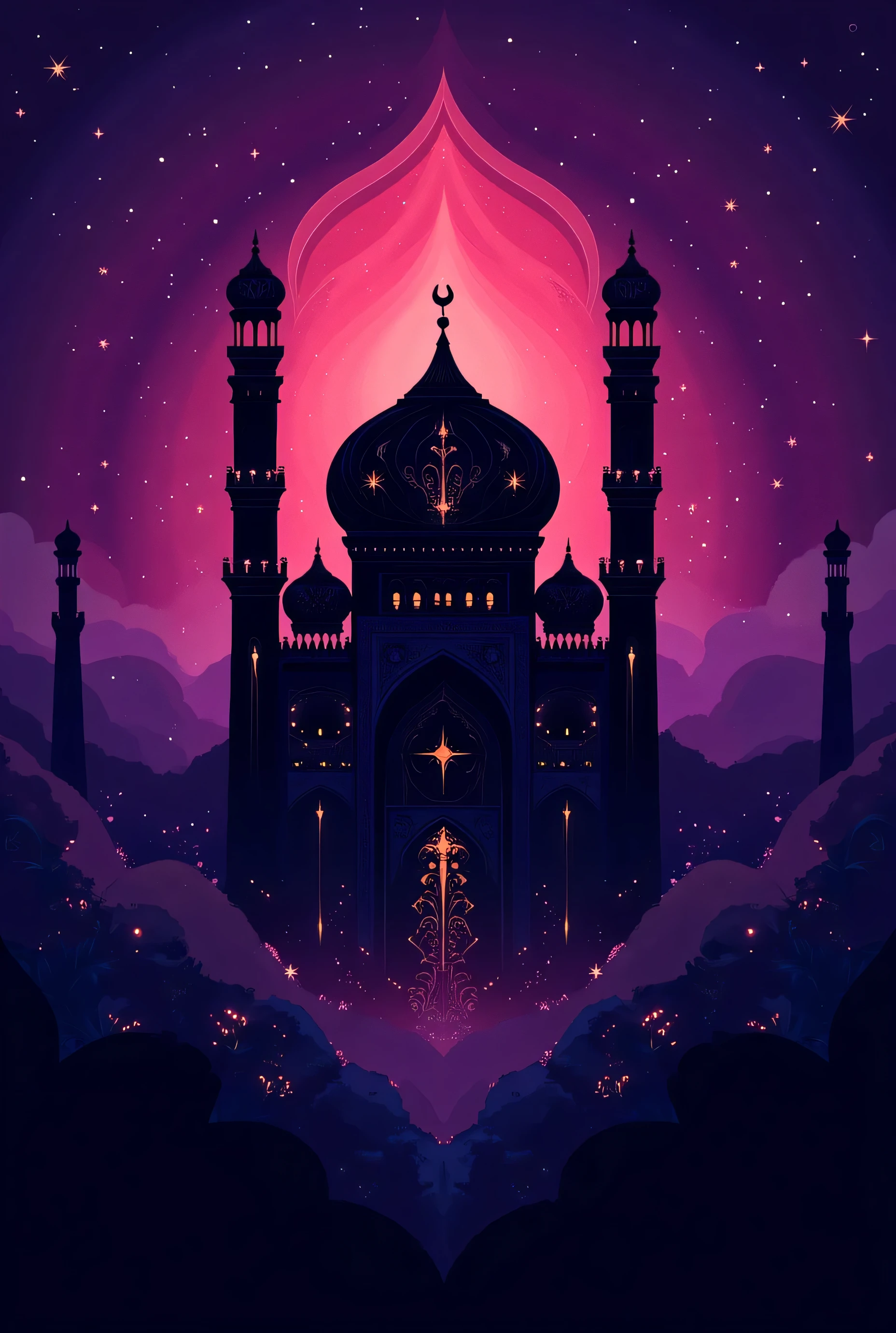 2D artistic vector, art, Dark Silhouette of a majestic mosque, religious vibes, purple, maroon, violet background layer gradient colour, golden colours ornaments