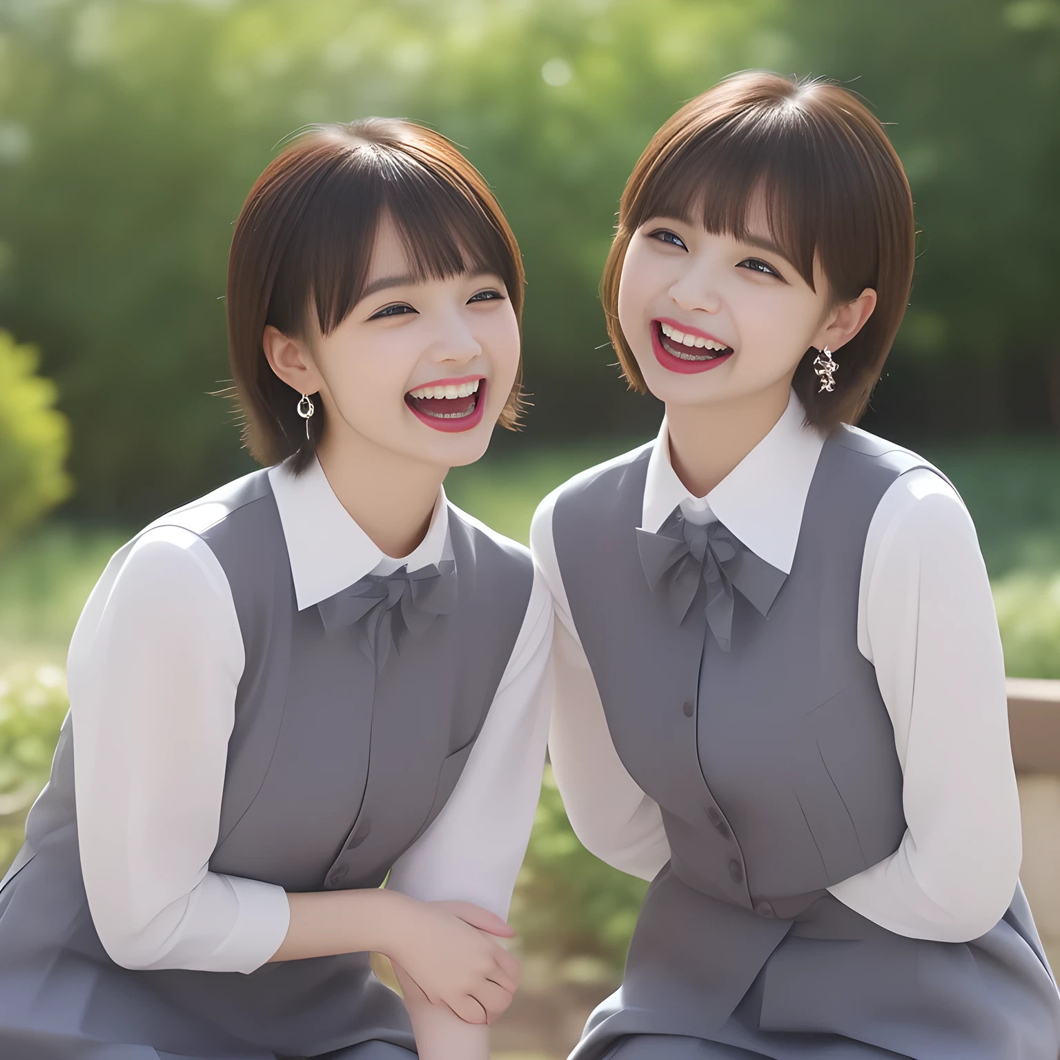 (highest quality, masterpiece, high resolution:1.2), 4K, (Photo quality clearly detailed foreground: 1.5), geometry, (Tree neat & clean girls are bursting into laughter. (Small well-groomed face with feminine intelligence). Some of Cute noble girly Japanese photo model are seated and looking at the thing in front of them with their cute beautiful eyes like laughing fashion model: 1.3), (Using expensive face-whitening cosmetics to make her skin more beautiful and pure by professional makeup artist: 1.5), (Face and eyes are especially detailed beautifully: 1.5), Laughing cutely, ((Light-Gray) Japanese school girly vest uniform with neat girly light-yellow school blouse, puffed shoulders: 1.2), (white socks and school loafers, kicking back: 0.7), (Dark blue glossy glossy school ribbon on the breast: 1.0), (Beautiful light-amber large clear open eyes with balanced and detailed cutely: 1.4), (double eyelids: 1.0), (highly curled bangs: 1.2), (Expressing the greatest joy with her whole body: 1.2), (Glossy lips: 1.0), (beautiful bobbed shining hair: 1.7), (cute earrings), (white and clear skin: 1.0), (Laughing cute princess's eyes looking at me: 0.8), (Very shy, cute, slender, pretty, pretty, too girly & Girlish: National Beautiful Girl Grand Prix winners: 2.0), (The girls knows well about the viewer's super fetishism for high-school uniforms, and satisfies it completely: 1.5), (High class cosmetics promotion to make everyone noble face, blessed by Venus and Aphrodite in a dark shrine under the school, falling down to the world of Aphrodite: 1.6), (they are laughing with widely open mouth as if watching a very cute and funny thing happening just in front of their beautiful eyes: 2), (hanging hands: 1.5)