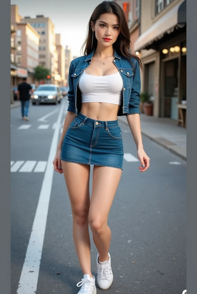brunette  cute sexi girl,  thick thighs,  denim miniskirt, navel, pantie
