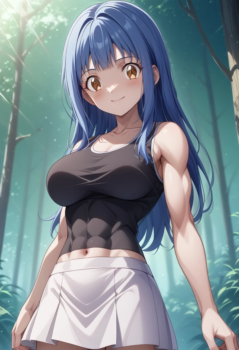 score 9、score 8 up、score 7 up、score 6 up、score 5 up、source anime、anime coloring、TOP QUALITY、high resolution、masterpiece、 1girl 、 Digimon Adventure 02 、mimi tachikawa 、anime coloring、cartoon、anime coloring、Blue Hair、 long hair、brown eyes、eyelash、bangs、Alone、black tank top、Big Breasts、 girl with big breasts、 skin tight tank top、biceps、triceps、brachioradialis 、deltoids、collarbone、White Mini Skirt、covered navel、covered abs、covered midriff、 White Tight Skirt 、smile、Tall Girl、toned body、nihilic vibe 、 cool vibe、standing、Outdoors、(forest, Dawn,  speckled sunlight )、looking at viewer、cowboy shot、dutch angle、