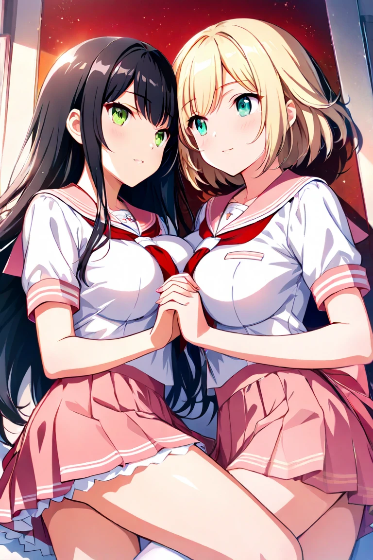  two girls are fighting、 is staring at each other、Deep Kiss、頬redらめ、  long hair、  blonde hair、big breast、 green eye、 High Angle、 green eye、   black hair、  Aqua Eyes、 tiny boobs、 short hair、Lily、  Under the Starlight 、  holding hands  、  sailor suit（  pale pink） miniskirt（red）、Reaching for the Moon  、masterpiece、TOP QUALITY、 uncensored