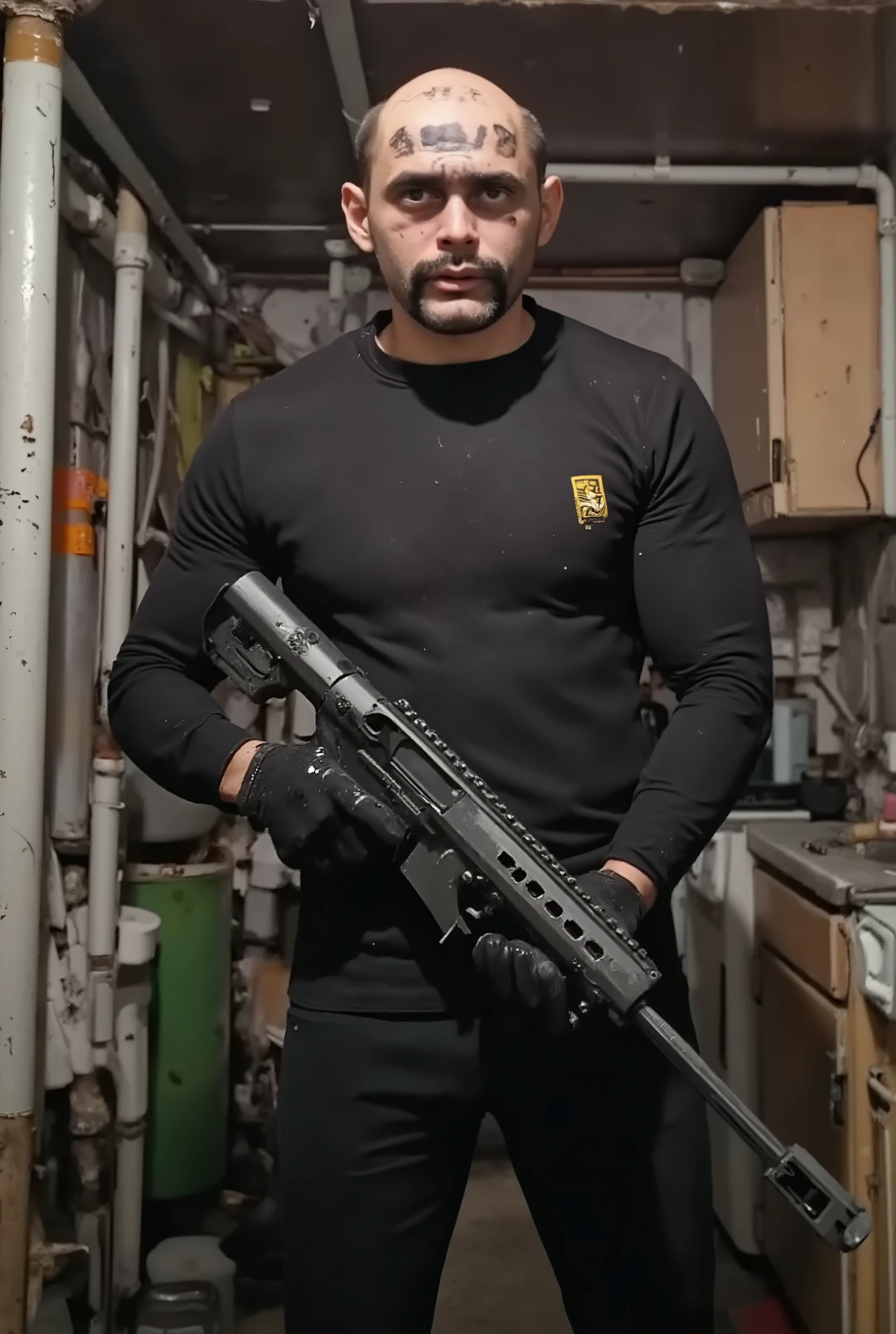 a handsome 35-year-old man in a black uniform holds a Barrett M82 sniper rifle