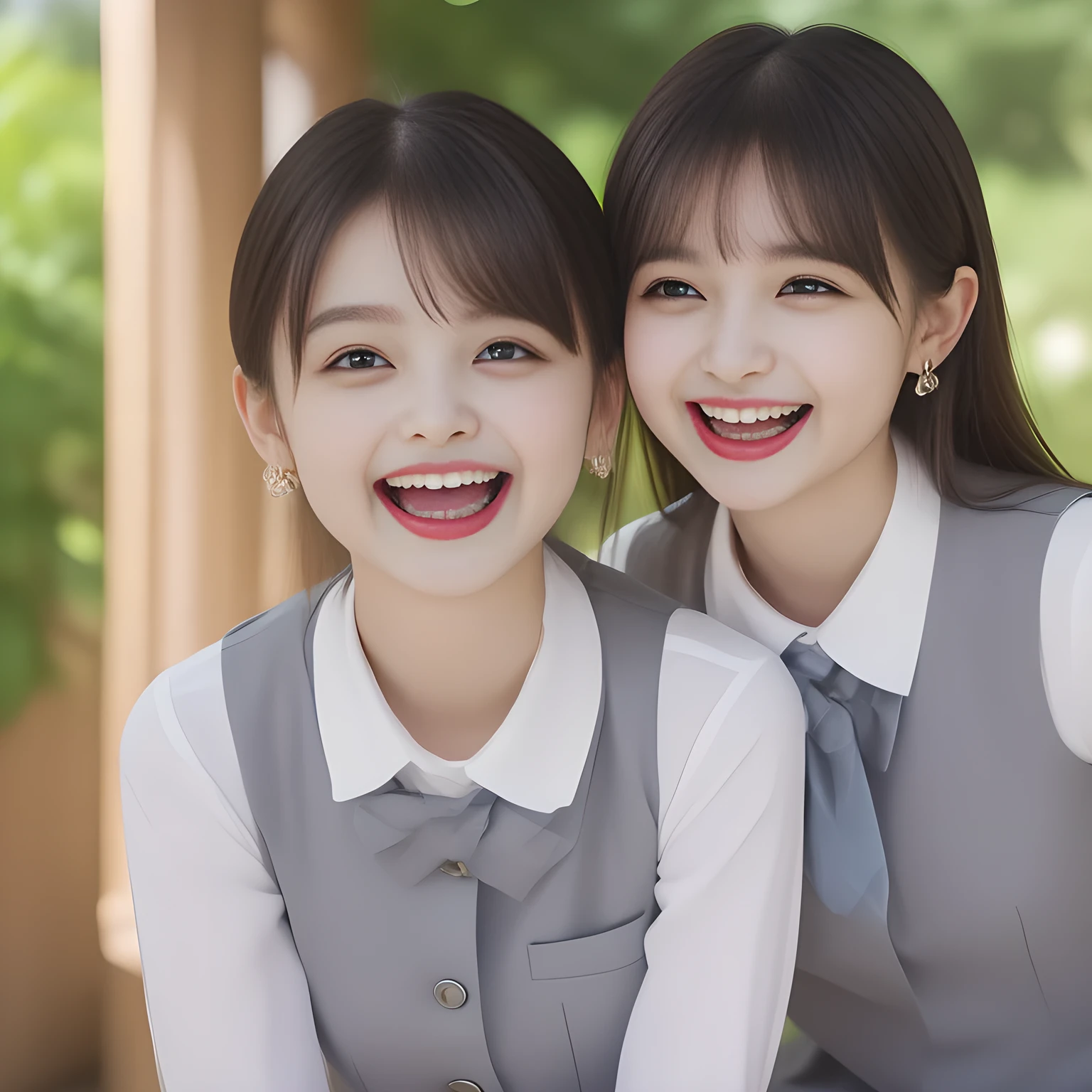 (highest quality, masterpiece, high resolution:1.2), 4K, (Photo quality clearly detailed foreground: 1.5), geometry, (Tree neat & clean girls are bursting into laughter. (Small well-groomed face with feminine intelligence). Some of Cute noble girly Japanese photo model are seated and looking at the thing in front of them with their cute beautiful eyes like laughing fashion model: 1.3), (Using expensive face-whitening cosmetics to make her skin more beautiful and pure by professional makeup artist: 1.5), (Face and eyes are especially detailed beautifully: 1.5), Laughing cutely, ((Light-Gray) Japanese school girly vest uniform with neat girly light-yellow school blouse, puffed shoulders: 1.2), (white socks and school loafers, kicking back: 0.7), (Dark blue glossy glossy school ribbon on the breast: 1.0), (Beautiful light-amber large clear open eyes with balanced and detailed cutely: 1.4), (double eyelids: 1.0), (highly curled bangs: 1.2), (Expressing the greatest joy with her whole body: 1.2), (Glossy lips: 1.0), (beautiful bobbed shining hair: 1.7), (cute earrings), (white and clear skin: 1.0), (Laughing cute princess's eyes looking at me: 0.8), (Very shy, cute, slender, pretty, pretty, too girly & Girlish:  National Beautiful Girl Grand Prix winners: 2.0),  (The girls knows well about the viewer's super fetishism for high-school uniforms, and satisfies it completely: 1.5), (High class cosmetics promotion to make everyone noble face, blessed by Venus and Aphrodite in a dark shrine under the school, falling down to the world of Aphrodite: 1.6), (they are laughing with widely open mouth as if watching a very cute and funny thing happening just in front of their beautiful eyes: 2), (hanging hands: 1.5)