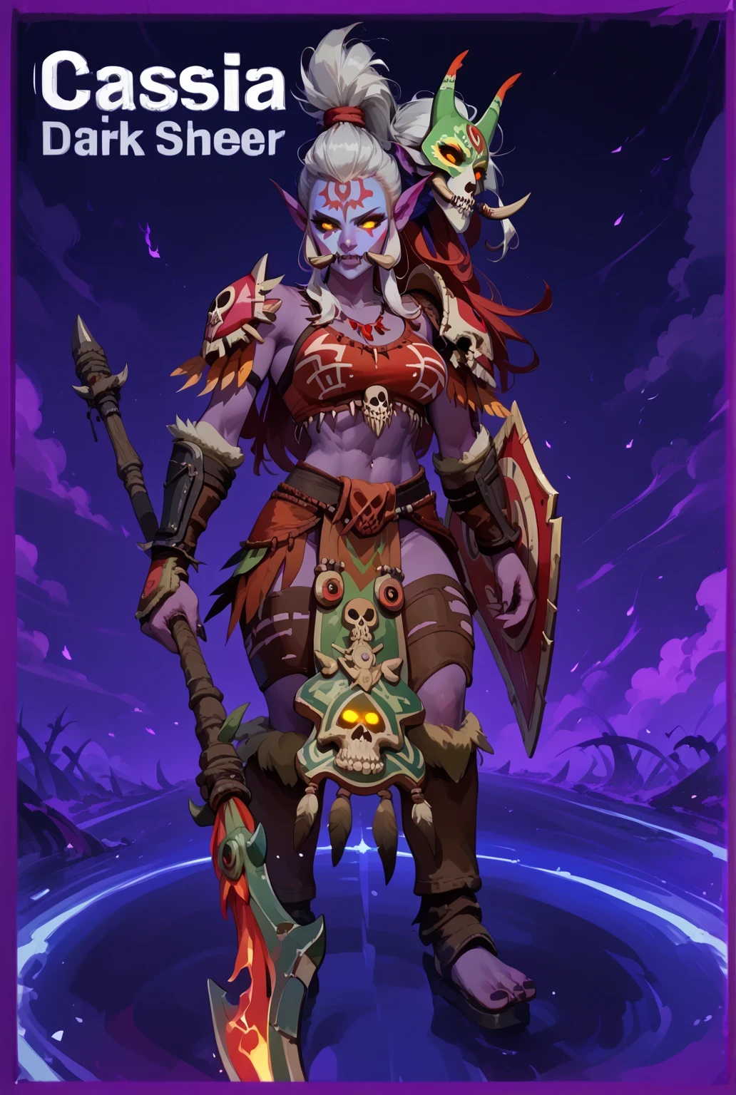Trolls
large pointed ears, large nose, fangs
tusks, sexy beautiful female troll, toned body,, curvy, dark purple skin, white hair, (big high mohawk hairstyle:1.2), tribal tattos, sexy, ((very dark purple skin:1.1)) (dark purple skin:1.1) big tusks, raised eyebrow, fierce, powerful, menancing, grim, yellow glowing eyes, dark, evil, macabre, , voodoo shaman troll, whitch doctor, shadow hunter. highly detailed face, dynamic posing, from below, battle ready, ((in a dark swamp)) covered in blood, full of scars, scars over eye, red_tribal tattoos, shredded abs, revealing armor, sexy, (from below, focus on face, portrait, close shot:1.2) ((white background)) ((Wearing tribal armor made with bones, tiki mask shoulderpads, skull facepaint, wielding a red shield and a fiery spear:1.4) ((big boobs, sexy armor))
