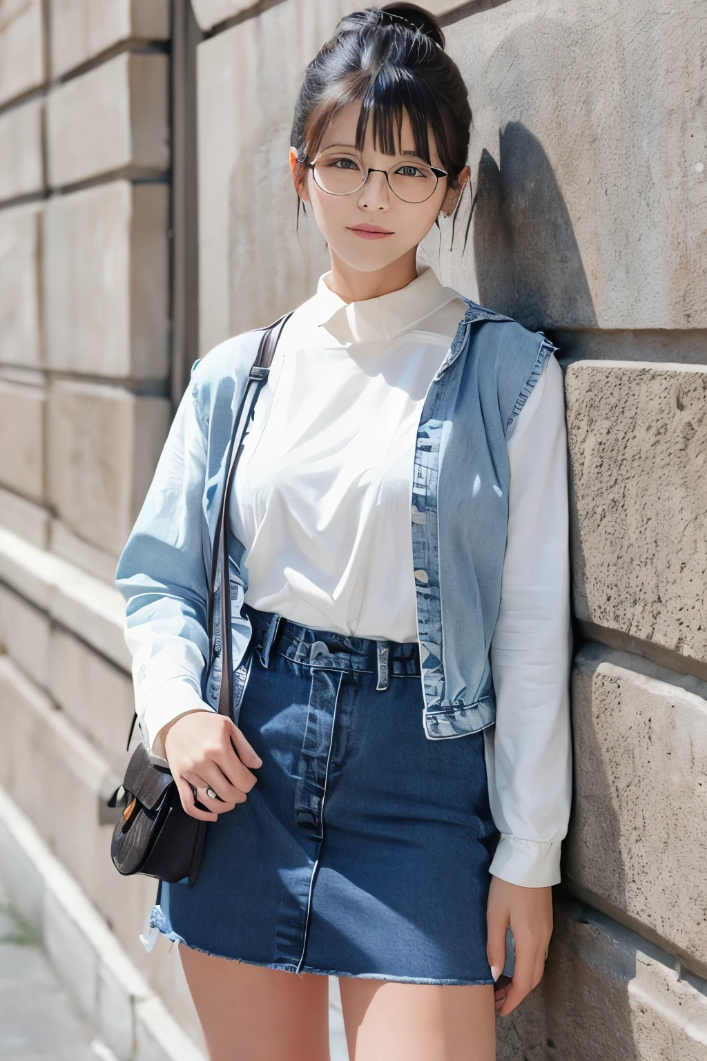 full body、Glasses、denim skirt、low ponytail、bangs、WhiteT shirt、SMALLE BREASTS、 No Background