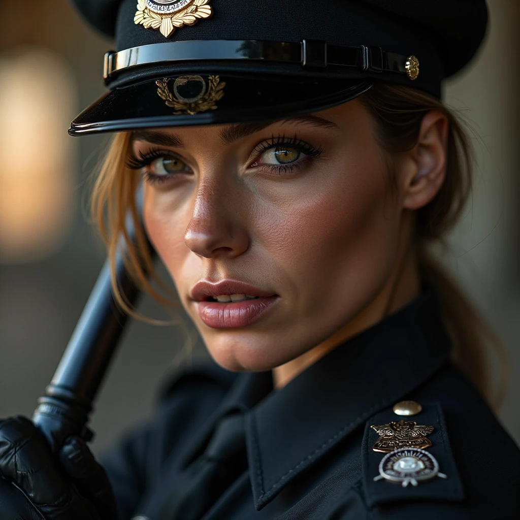 beautiful ((similing)) relytvil posing in (dynamic pose) as a world war 2 diesel punk army officer, black leather uniform with cleavage wearing leather army hat, photo referenced, highest quality, high quality, (detailed face and eyes), dusk lighting,, strong makeup, industrial, outdoor snow forest background ((close up))