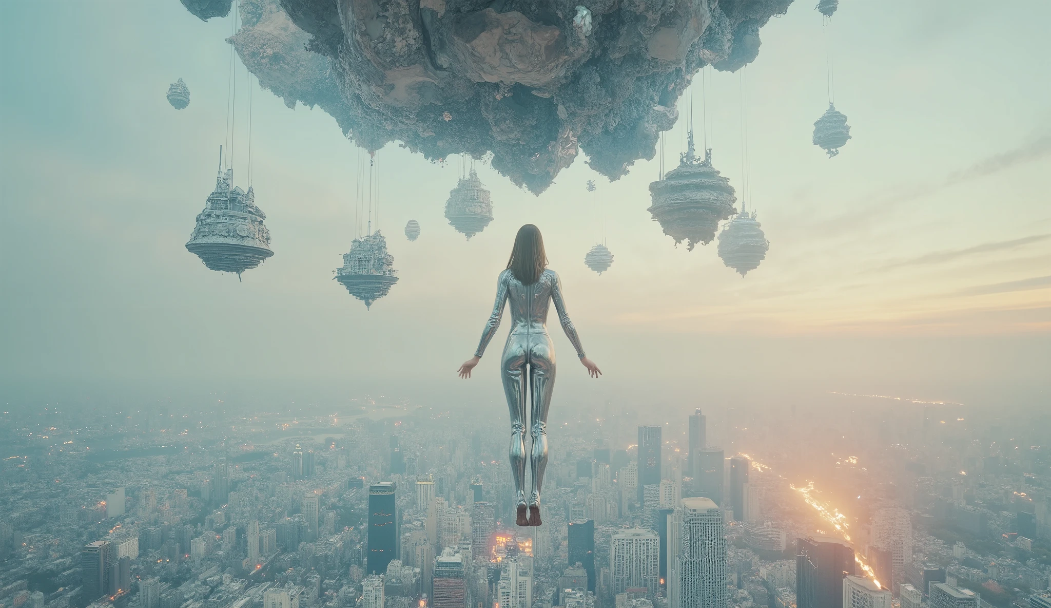 Highest quality,(masterpiece:1.2),Ultra-high resolution,Raw color photography,8K,Vast landscape photography,Realistic photos,Elaborate photos,A woman living on a machine planet,,(From the back:1.5),(From below:1.2,A woman on a planet of machines,A vast building spreads out before your eyes,city of machines,The sky is a vast universe,blue sky),Written boundary depth,Wide Light,Low contrast,Backlight,Sharp focus,Vibrant colors,Dynamic configuration