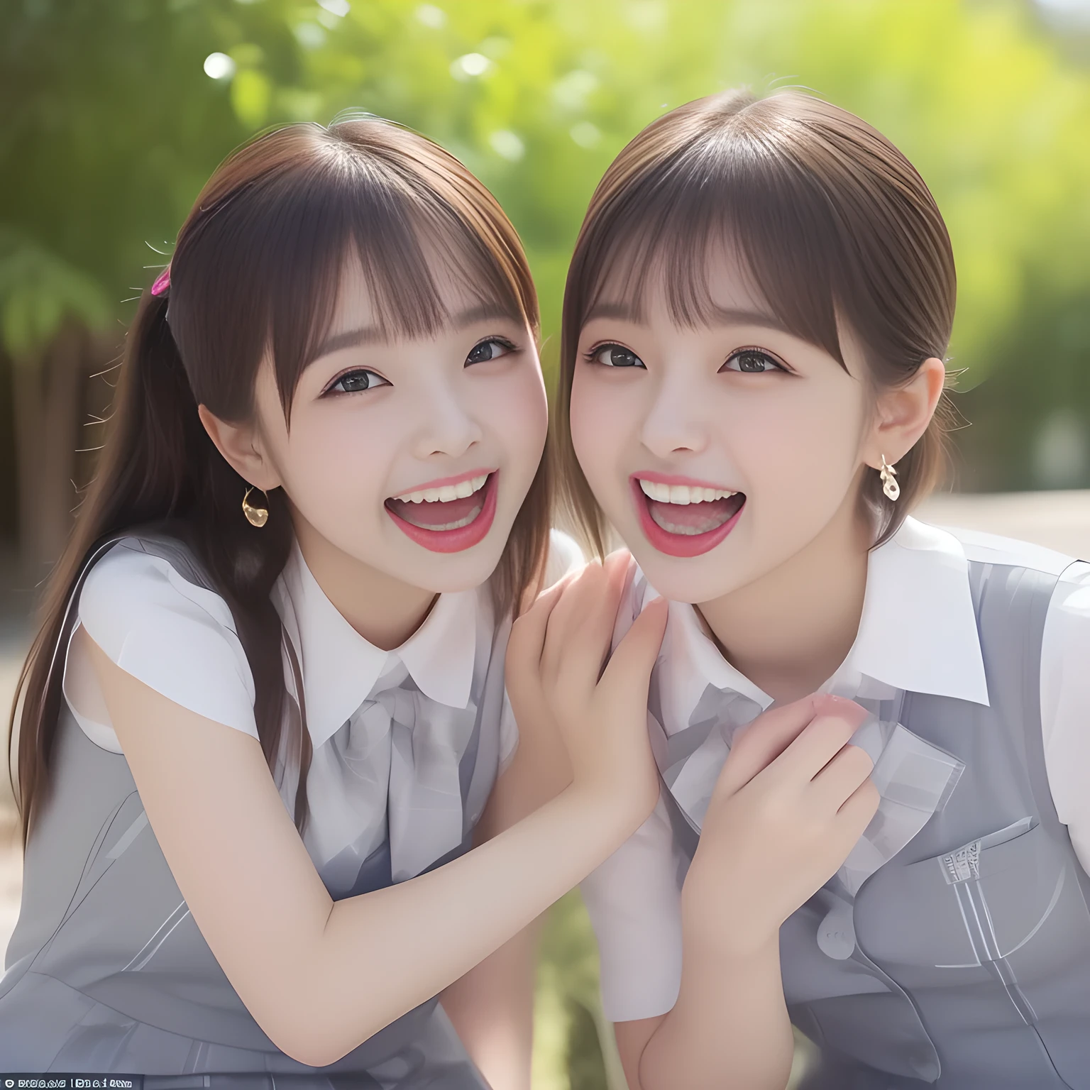 (highest quality, masterpiece, high resolution:1.2), 4K, (Photo quality clearly detailed foreground: 1.5), geometry, (Tree neat & clean girls are bursting into laughter. (Small well-groomed face with feminine intelligence). Some of Cute noble girly Japanese photo model are seated and looking at the thing in front of them with their cute beautiful eyes like laughing fashion model: 1.3), (Using expensive face-whitening cosmetics to make her skin more beautiful and pure by professional makeup artist: 1.5), (Face and eyes are especially detailed beautifully: 1.5), Laughing cutely, ((Light-Gray) Japanese school girly vest uniform with neat girly light-yellow school blouse, puffed shoulders: 1.2), (white socks and school loafers, kicking back: 0.7), (Dark blue glossy glossy school ribbon on the breast: 1.0), (Beautiful light-amber large clear open eyes with balanced and detailed cutely: 1.4), (double eyelids: 1.0), (highly curled bangs: 1.2), (Expressing the greatest joy with her whole body: 1.2), (Glossy lips: 1.0), (beautiful bobbed shining hair: 1.7), (cute earrings), (white and clear skin: 1.0), (Laughing cute princess's eyes looking at me: 0.8), (Very shy, cute, slender, pretty, pretty, too girly & Girlish: National Beautiful Girl Grand Prix winners: 2.0), (The girls knows well about the viewer's super fetishism for high-school uniforms, and satisfies it completely: 1.5), (High class cosmetics promotion to make everyone noble face, blessed by Venus and Aphrodite in a dark shrine under the school, falling down to the world of Aphrodite: 1.6), (they are laughing with widely open mouth as if watching a very cute and funny thing happening just in front of their beautiful eyes: 2), (hanging hands: 1.5)