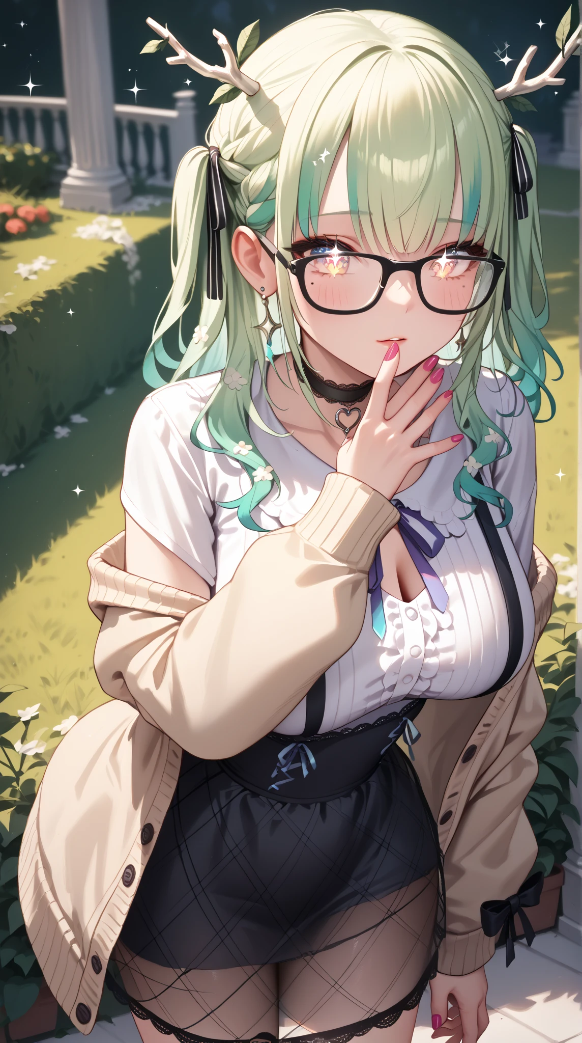 ((masutepiece)), ((Best Quality)), ((8K)), High resolution, 1girl in, Cat ears, pale skin, Green eye, Glasses, multicolored hair, Large breasts, harbour, yuki, Winters, Starry Night,