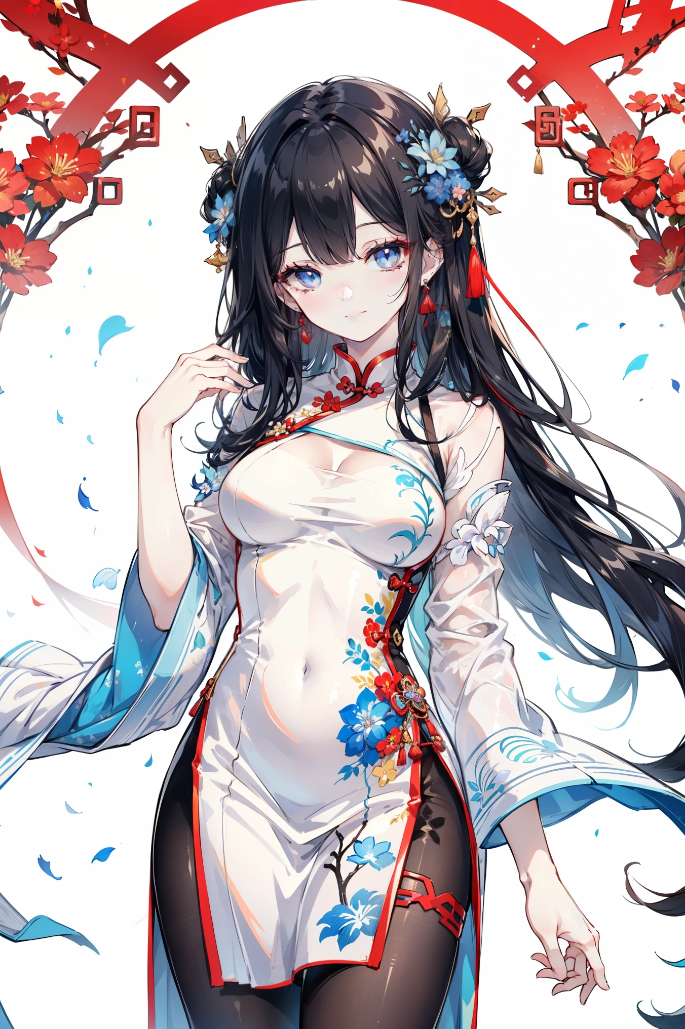 1man,(mature male),cool face,35 year old,red eyes,flat_chest,seductive smile,blue and white Chinese-style clothing,blue and white Chinese dress,blue and white Chinese qipao,blue and white floral print print,standing,black hair,very long hair,long bangs,blunt bangs,updo,single mole under mouth,jewelry,blue and white chinese clothes,print dress,sleeveless,shawl,hand fan,legs_apart,bulge,looking at viewer,indoor,(teahouse),earrings,red nails,holding,bracelet,solo,holding fan,hair ornament,