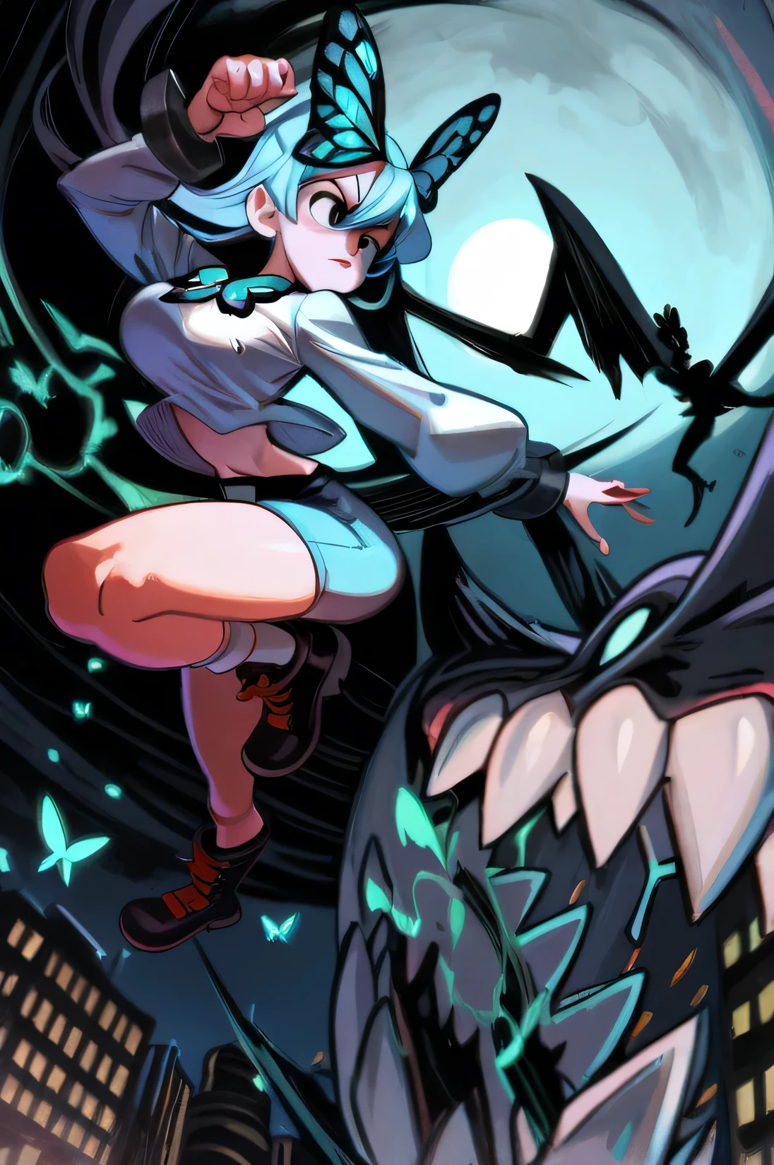 1 woman, Whole body, looking straight ahead , large breasts, slim waist, light blue hair, long hair, ojos reds , butterfly brooch , short t-shirt, white t-shirt, , black tie, Bermuda, reds, white socks , socks, Short boots, black boots, Serious Look T-Shirt .
Shadow Monsters , miscellaneous monsters , monsters coming out of the woman's shadow, monsters behind the woman, monster attacking, monster thrown in front, monster with open jaws
Fund : city, night, empty street